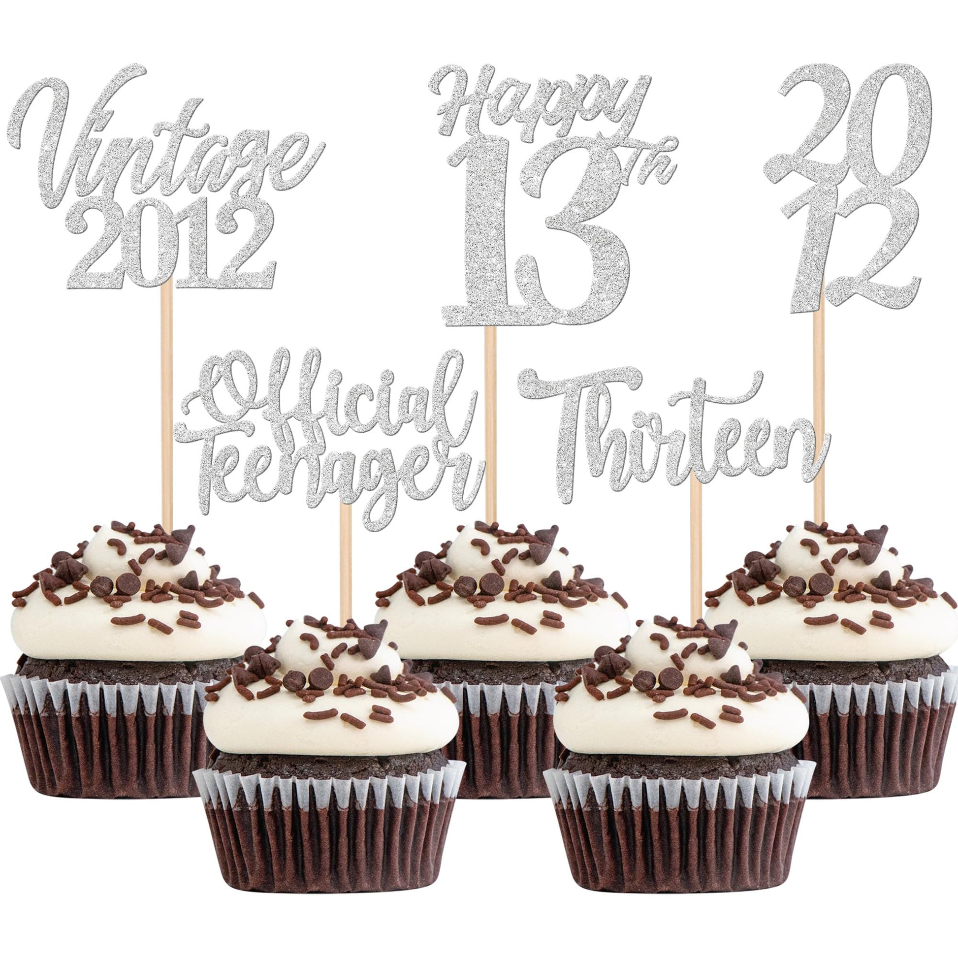 ZHUOWEISM 30PCS Cupcake Toppers for 13th Birthday Party Decorations Silver