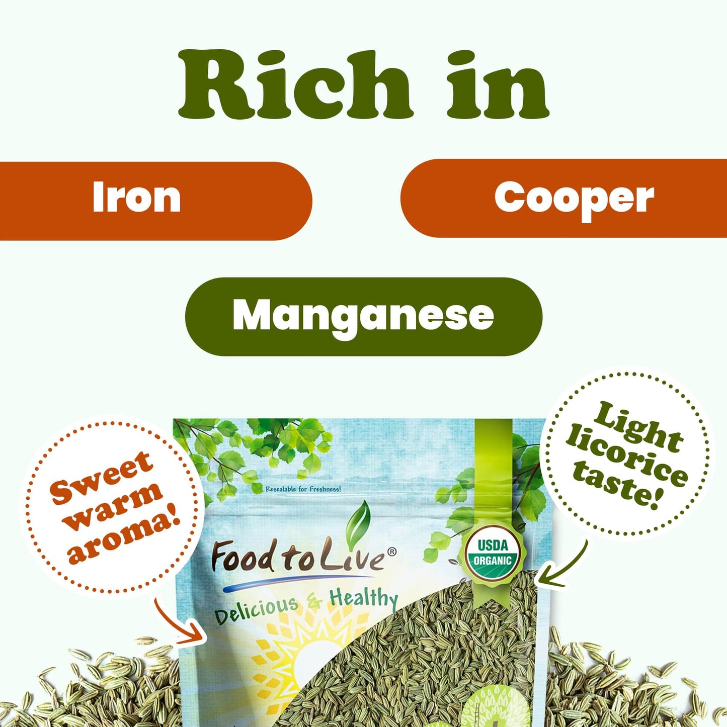 Food to Live Organic Fennel Seeds - Whole Raw Non-GMO Spice, 7 Pound