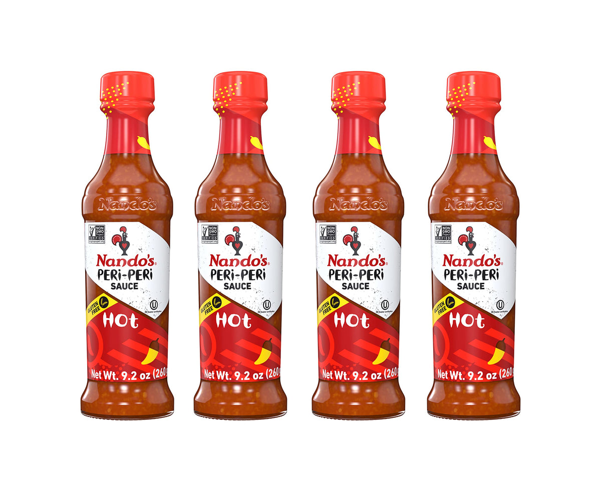 Nando'S Hot Peri-Peri Sauce - Hot Heat Fiesty Blend Of Garlic & Herbs - Great Substitute For Siracha | Gluten Free | Non Gmo | Kosher - 9.1 Oz Bottle (4 Pack)