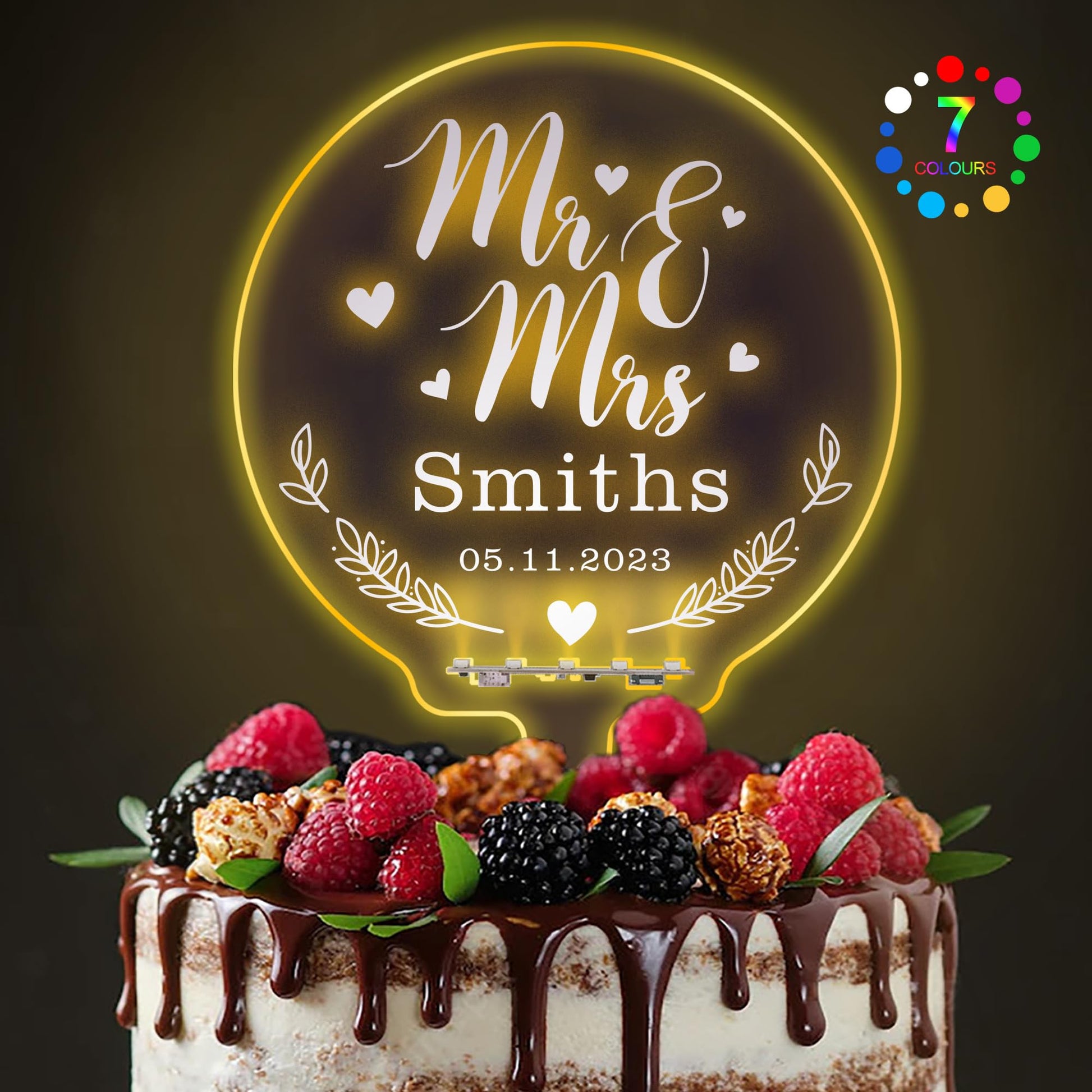 EDSG LED Personalized Wedding Cake Topper, Light Up MR & MRS, 7 Color Changes, Design 1, Plastic