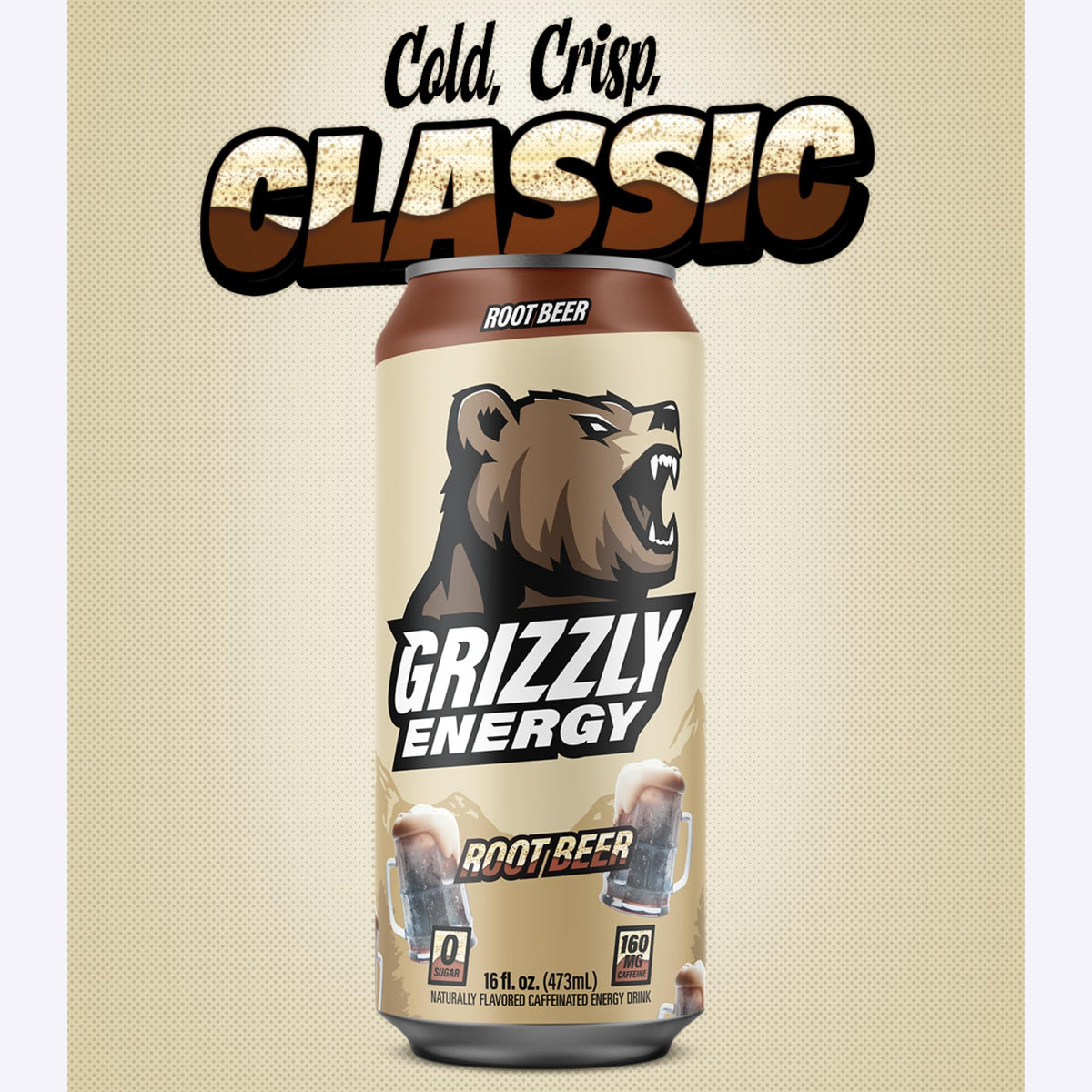 Grizzly Energy Drink Root Malt-Inspired Taurine B Vitamins & 160Mg Caffeine - Energy Focus & Hydration Boost - 10 Calories, Zero Sugar - No Artificial Colors Or Flavors - 16 Fl Oz (12 Pack Cans)