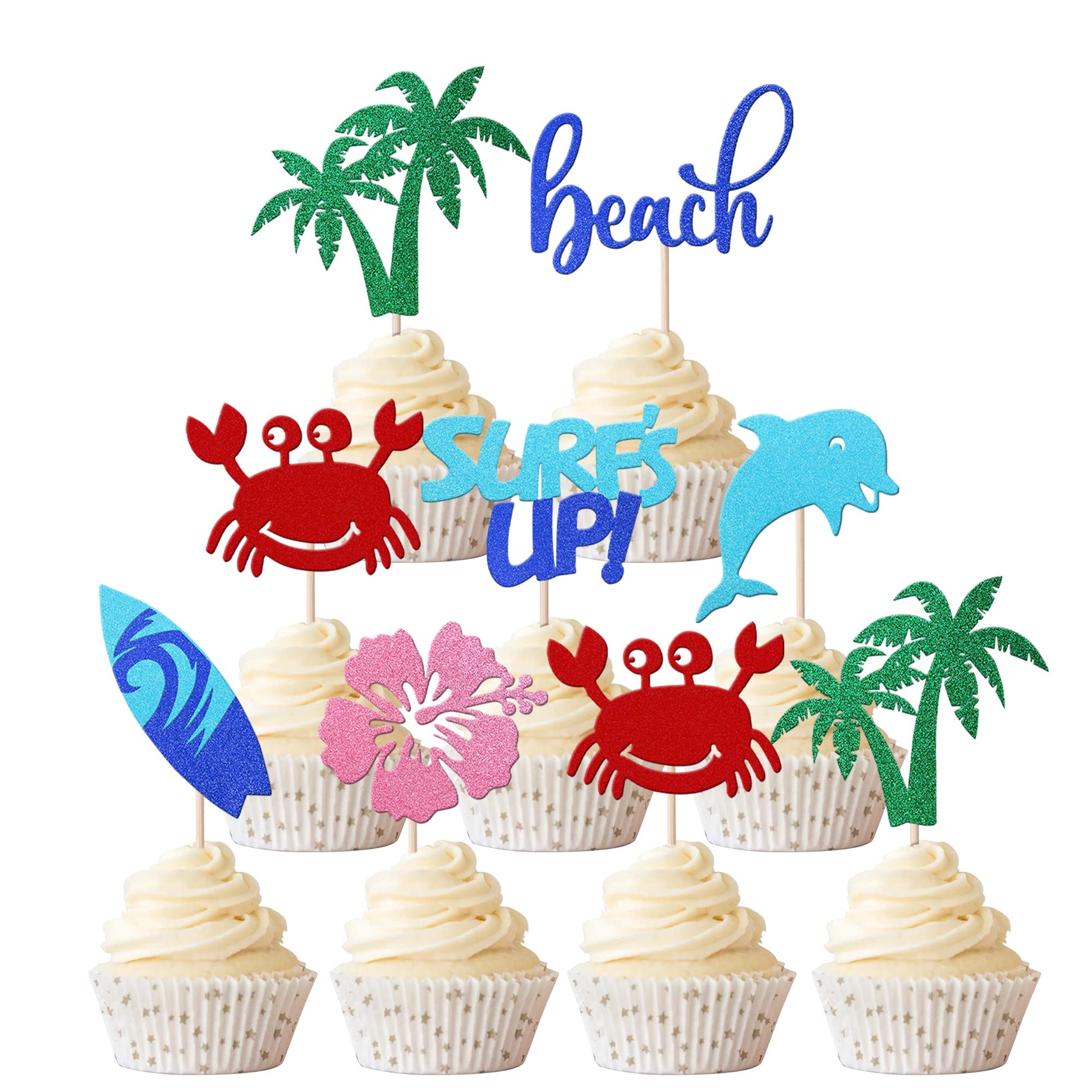 Rsstarxi Cupcake Toppers 28 PCS Glitter Surfs Up Surfboard Picks 2.1x4.4 Paper Design 1 for Beach Theme Parties