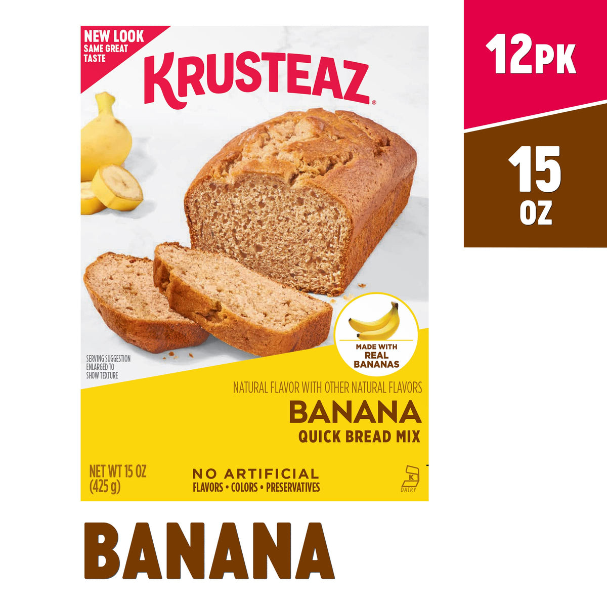 Krusteaz Banana Quick Bread Mix, Made with Real Bananas, 15.0 oz Boxes (Pack of 12)