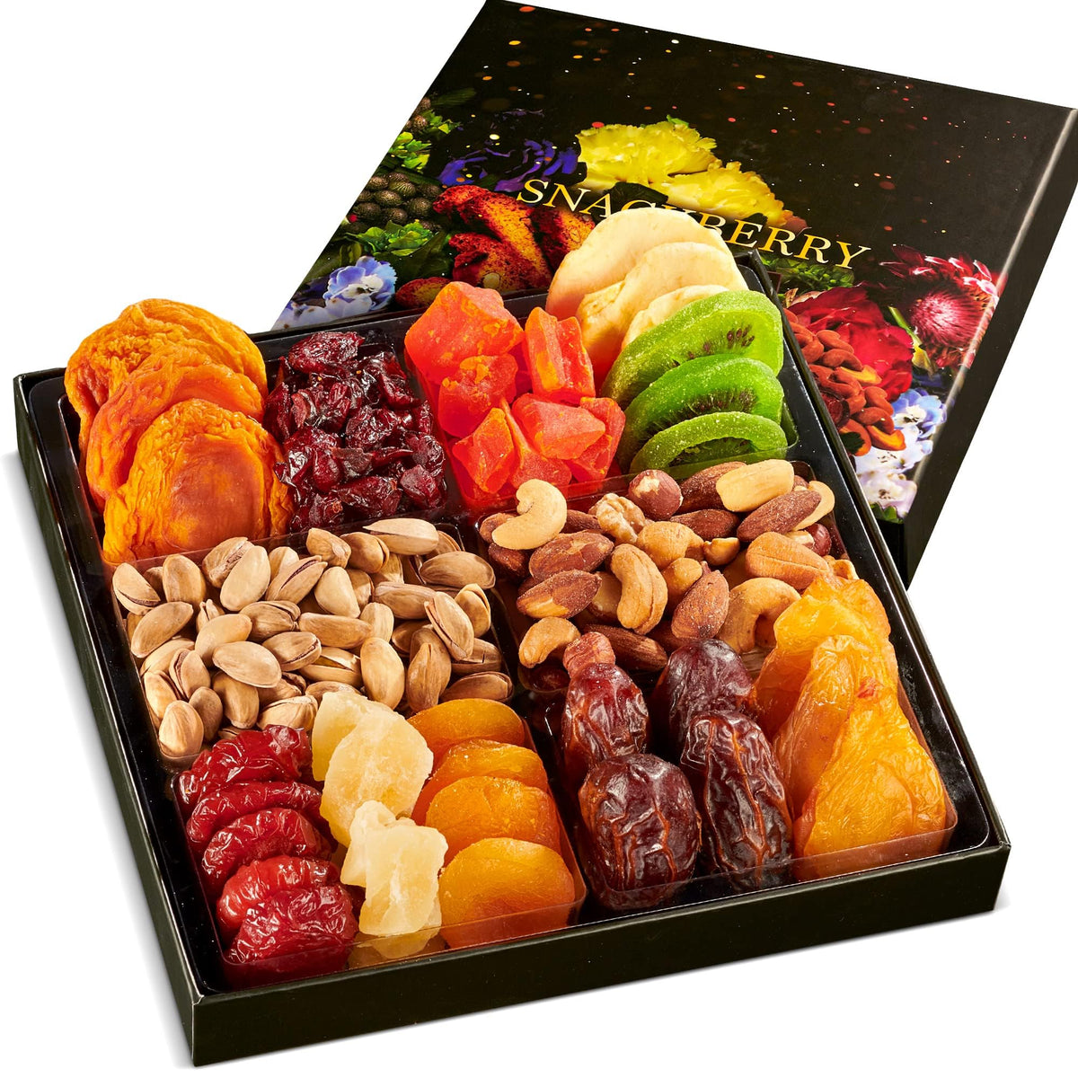Dried Fruit & Nuts Gift Basket Arrangement Platter, Gourmet Food Snack Box, For Christmas, New Years, Birthday Care Package, Healthy Kosher - Her Him - 12 Snackberry Assortment (1 Pack)