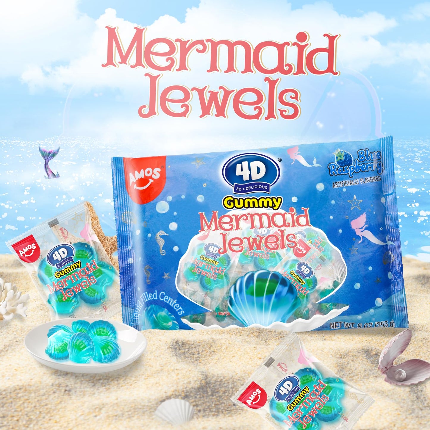 Amos 4D Mermaid Gummy Candy, Blue Raspberry, 9Oz Mini Wrapped Packs, Soft Jelly-Filled Seashell Treats