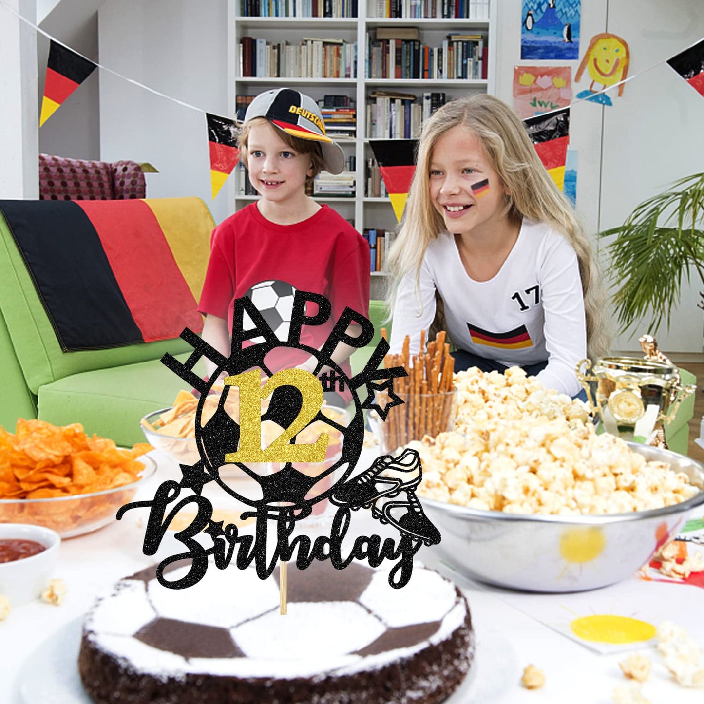 Aeryourtar Glitter Soccer Cake Topper for 12th Birthday, Paper Decoration, Football Theme, Perfect for Boys and Girls