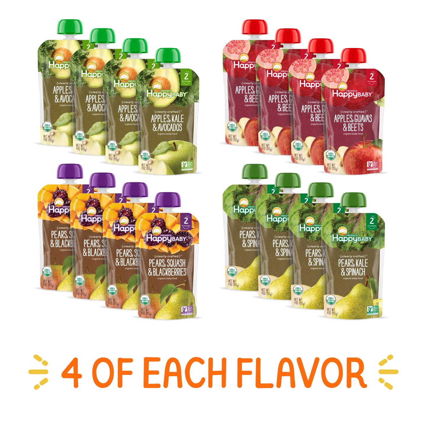 Happy Baby Organics Stage 2 Baby Food Pouches, Gluten Free, Vegan & Healthy Snack, Clearly Crafted Fruit & Veggie Puree, Fruit & Veggie Variety Pack, 4 Ounces (Pack Of 16), Large Online Retailer Limited Availability