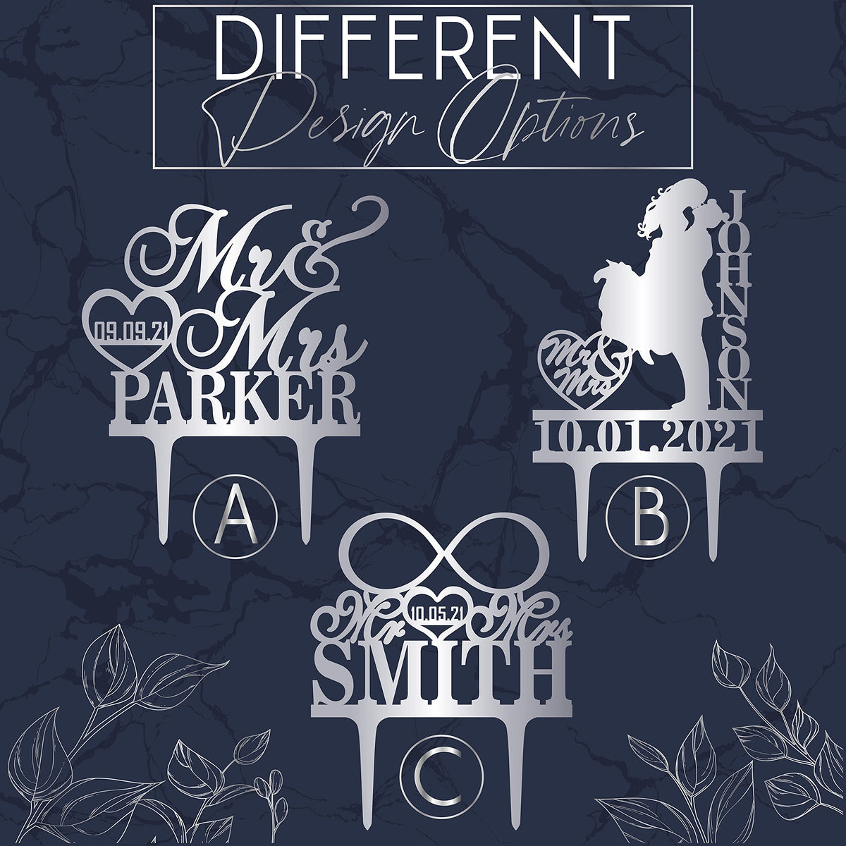 Wedding Cake Toppers, Personalized Mr & Mrs Heart, Custom Wedding Date & Last Name To Be Bride & Groom | Solid Color Cake Topper