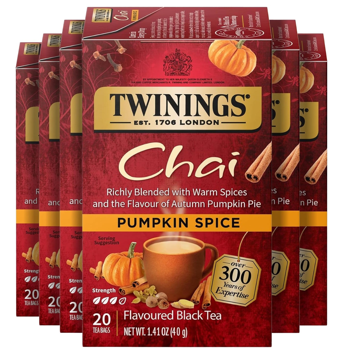Twinings Pumpkin Spice Chai Black Tea Individually Wrapped Bags, 20 Count (Pack of 6), Warm, Spicy & Aromatic, Caffeinated, Enjo