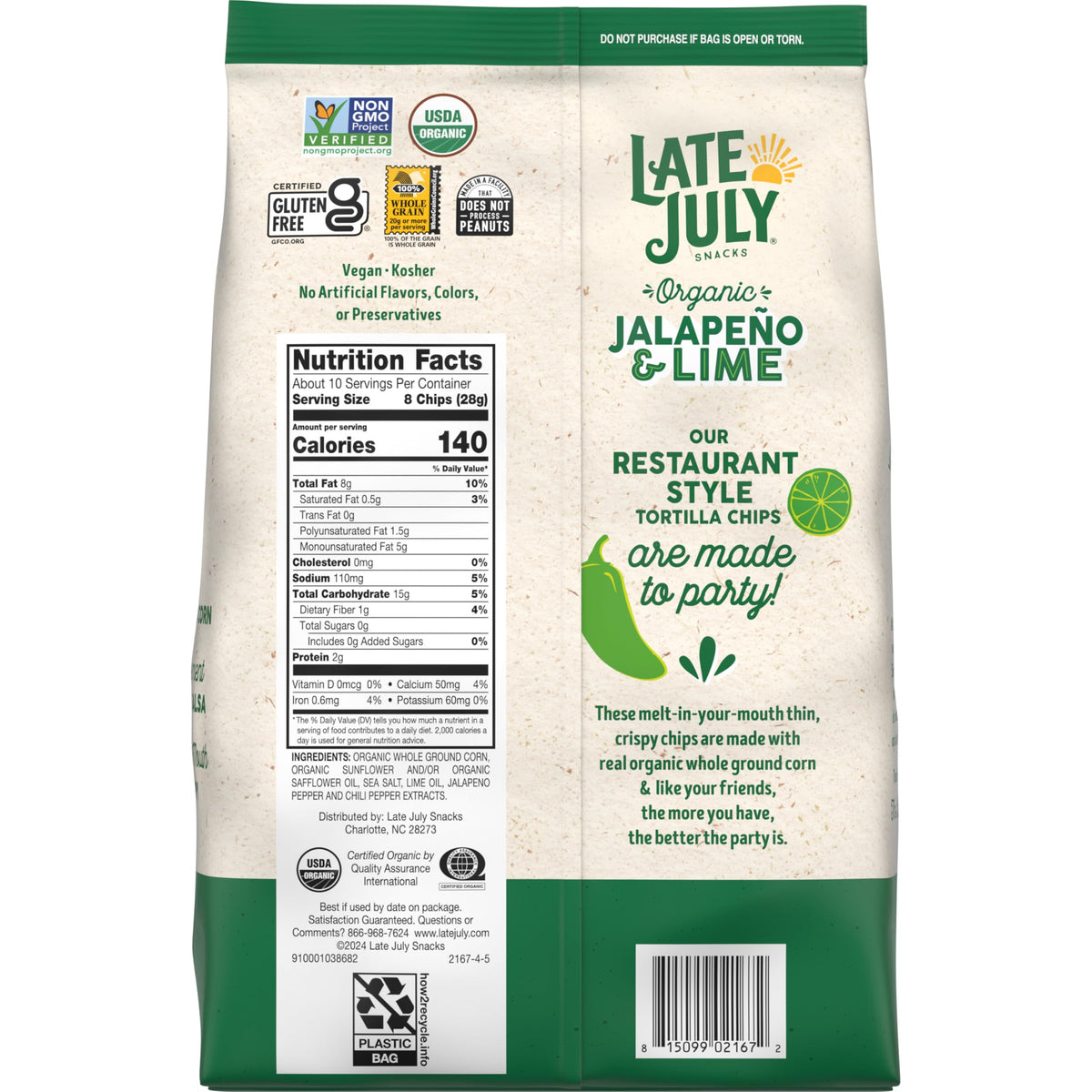 Late July Jalapeo & Lime Organic Tortilla Chips, 10.1 Oz Bag