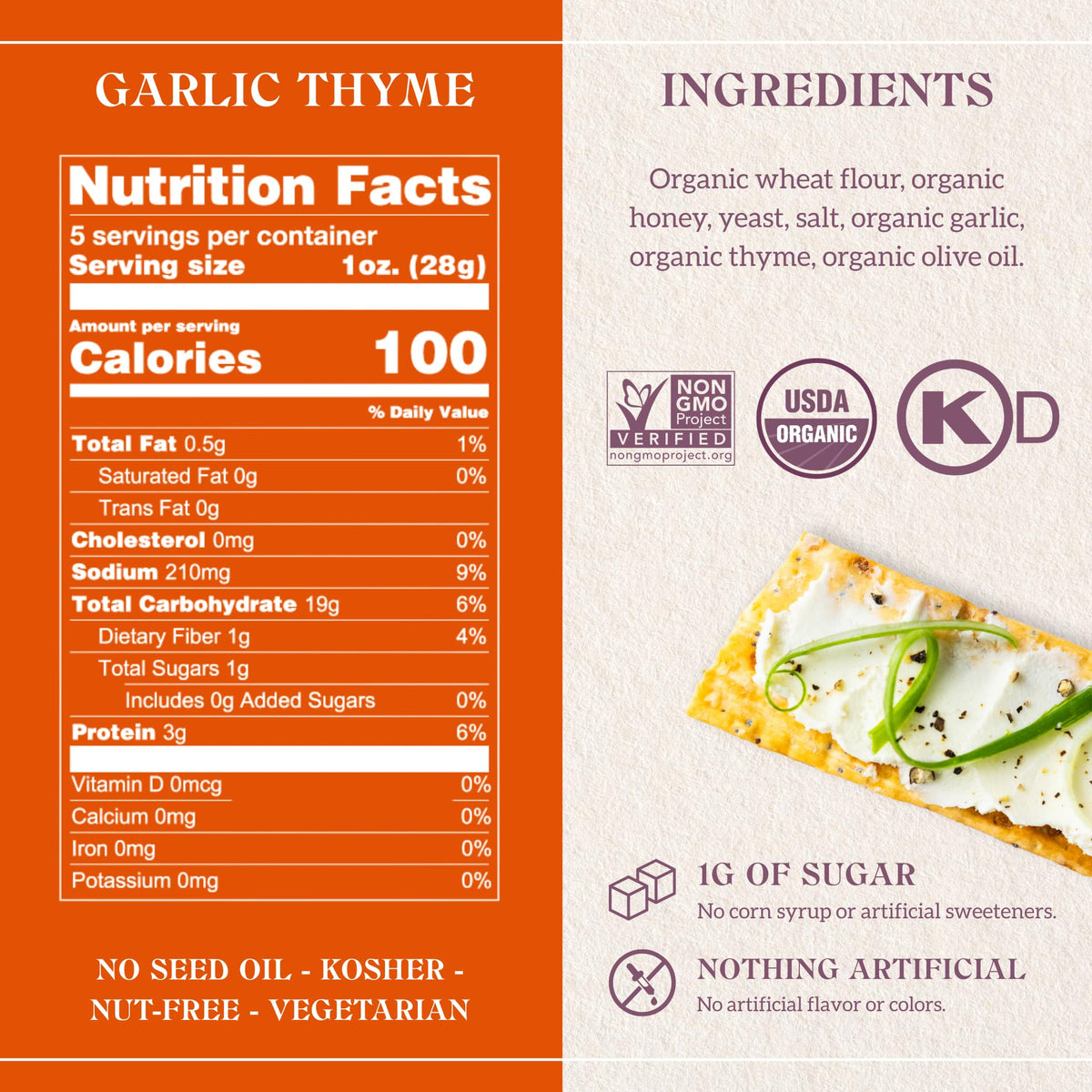 Firehook Garlic Thyme Crackers - Artisan Baked, Craveably Crunchy, Baked with Mediterranean Garlic & Thyme - Organic, Non-GMO, K