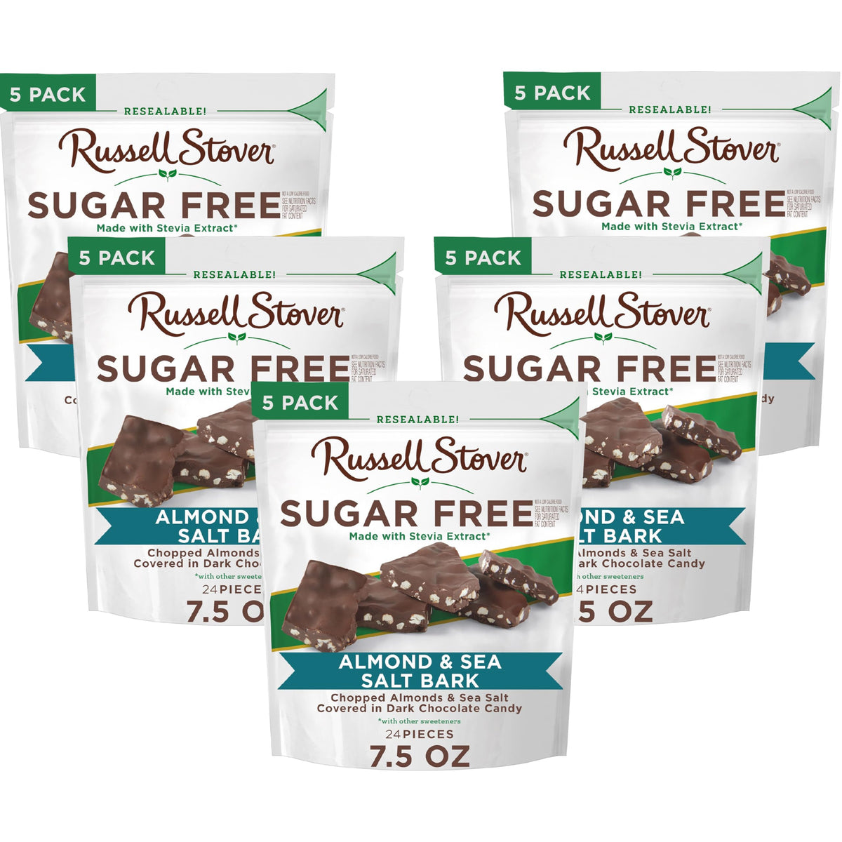 RUSSELL STOVER Sugarfree Dark Chocolate Almond & Sea Salt Bark, 7.5 oz bag, 5 Pack