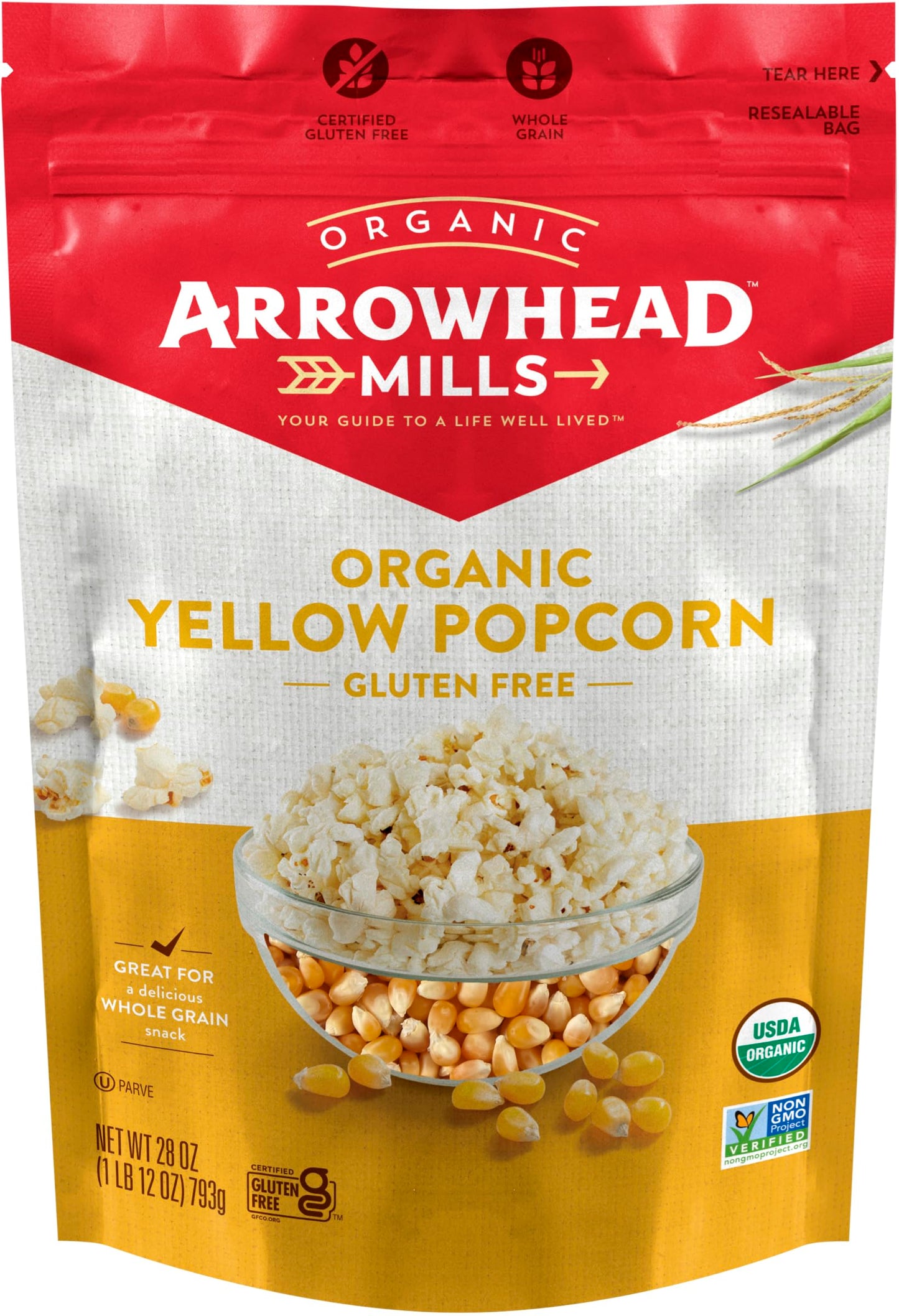 Arrowhead Mills Organic Yellow Popcorn, 28 oz Bag (Pack of 6)