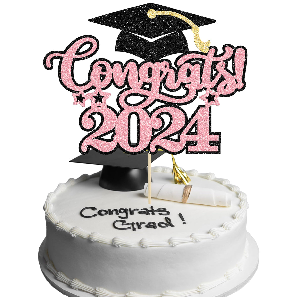 Gyufise 1Pcs Congrats 2024 Cake Topper Glitter Diploma Grad Cap Cake Pick Class Of 2024 Graduation Cake Decoration For 2024 Grad
