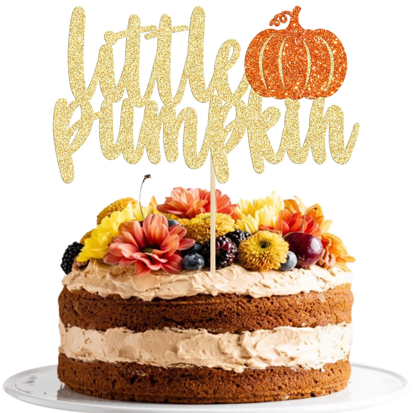 Gyufise Pumpkin Cake Topper, Gold Glitter, Fall Birthday Halloween Decoration, Model UKZN0170, Orange