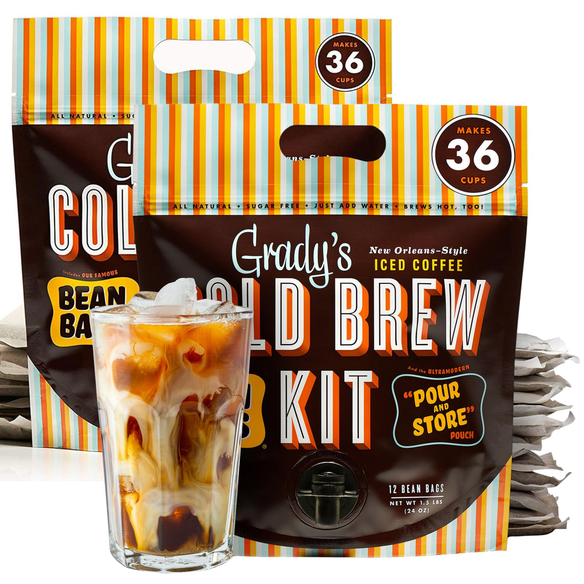 Grady'S Cold Brew Coffee, Original, Cold Brew Kit With 12 (2Oz.) Bean Bags Plus 1 Pour And Store Pouch Included, New Orleans Sty