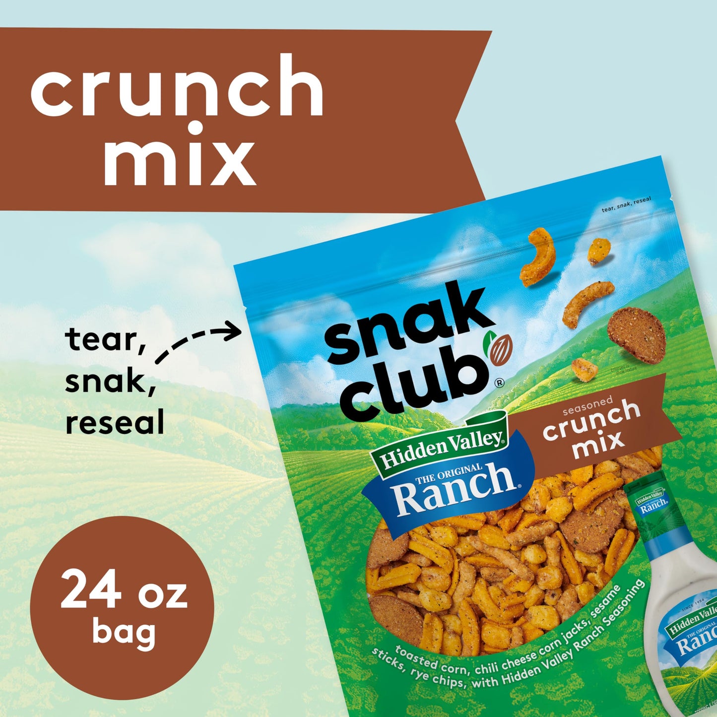 Snak Club Crunch Mix with Hidden Valley Ranch Seasoning  Toasted Corn  Chili Cheese Corn Jacks  Sesame Sticks  and Rye Chips  Kosher Snack  24 oz Resealable Bag
