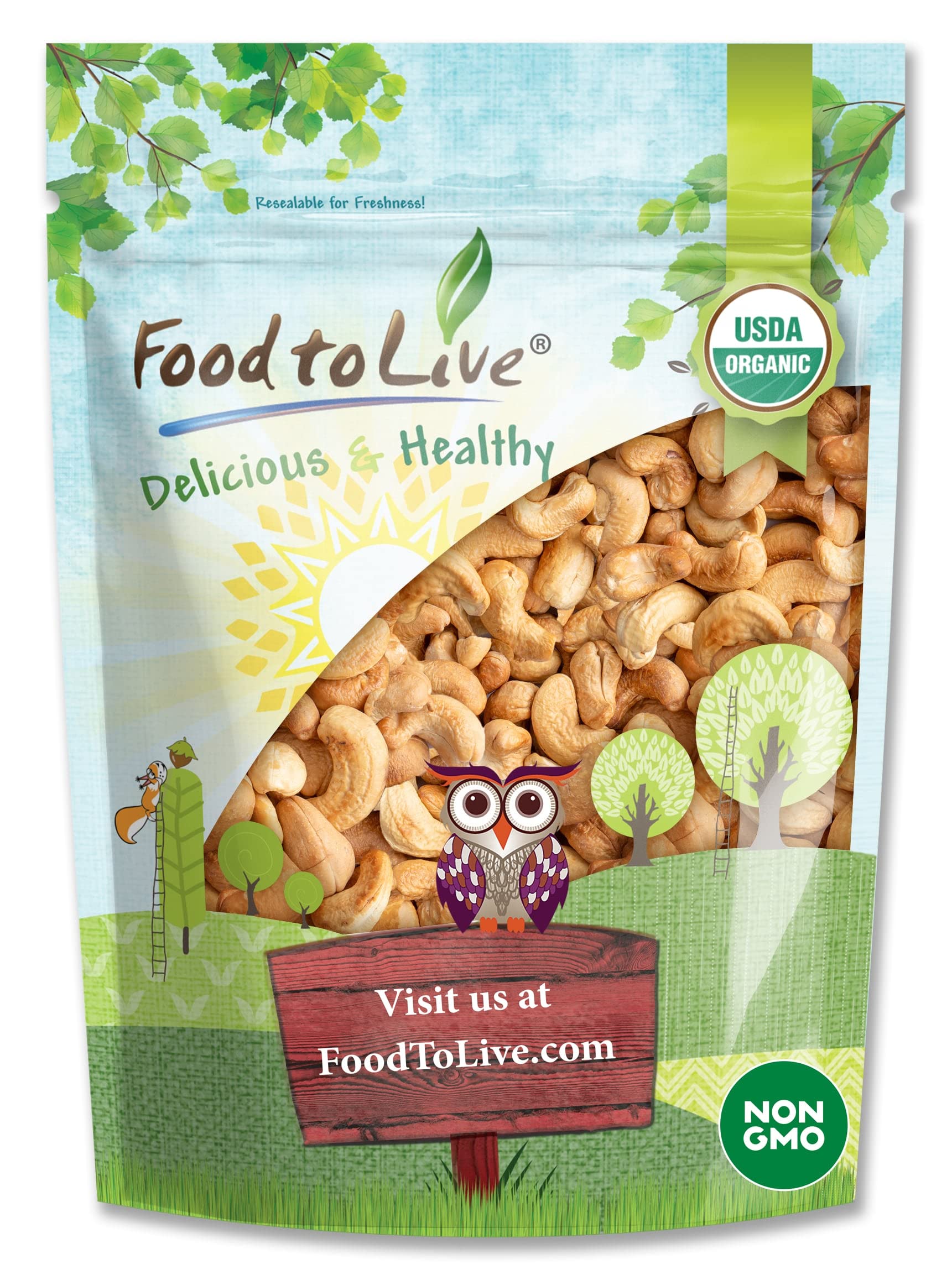 Food to Live Organic Dry Roasted Whole Cashews, 2 Pounds Non-GMO, Unsalted, Oven Roasted Nuts, No Oil Added, Kosher, Vegan, Bulk