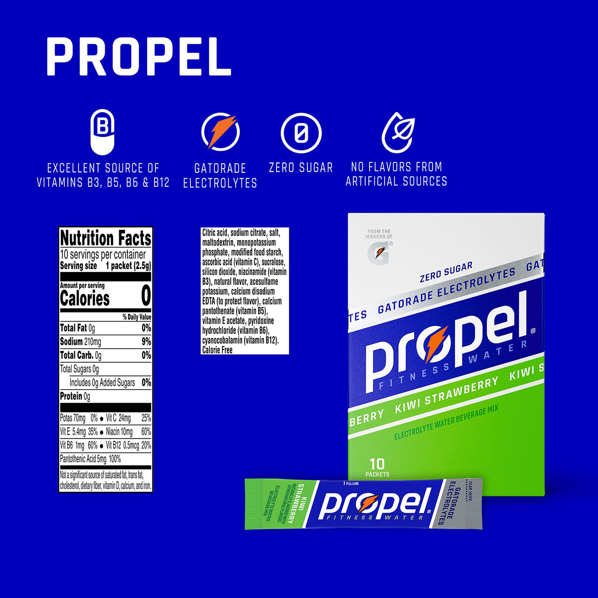 Propel Powder Packets Kiwi Strawberry With Electrolytes, Vitamins And No Sugar (10 Count) , Pack Of 1, Net Weight: 0.84 Ounce