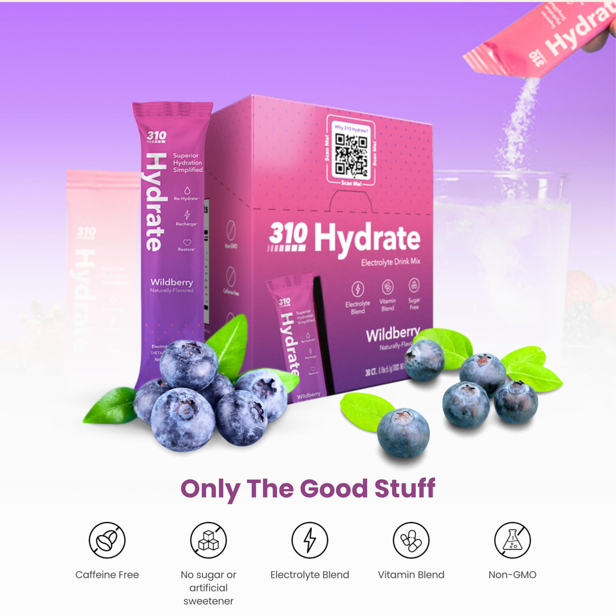 310 Nutrition Hydrate Wildberry Electrolytes Powder - 30 Sugar-Free Servings, Keto Friendly, Packed with Key Vitamins & Minerals