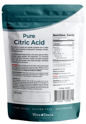 Viva Doria 100% Pure Citric Acid, Food Grade, Fine Grain, 2 Lb (907 G)