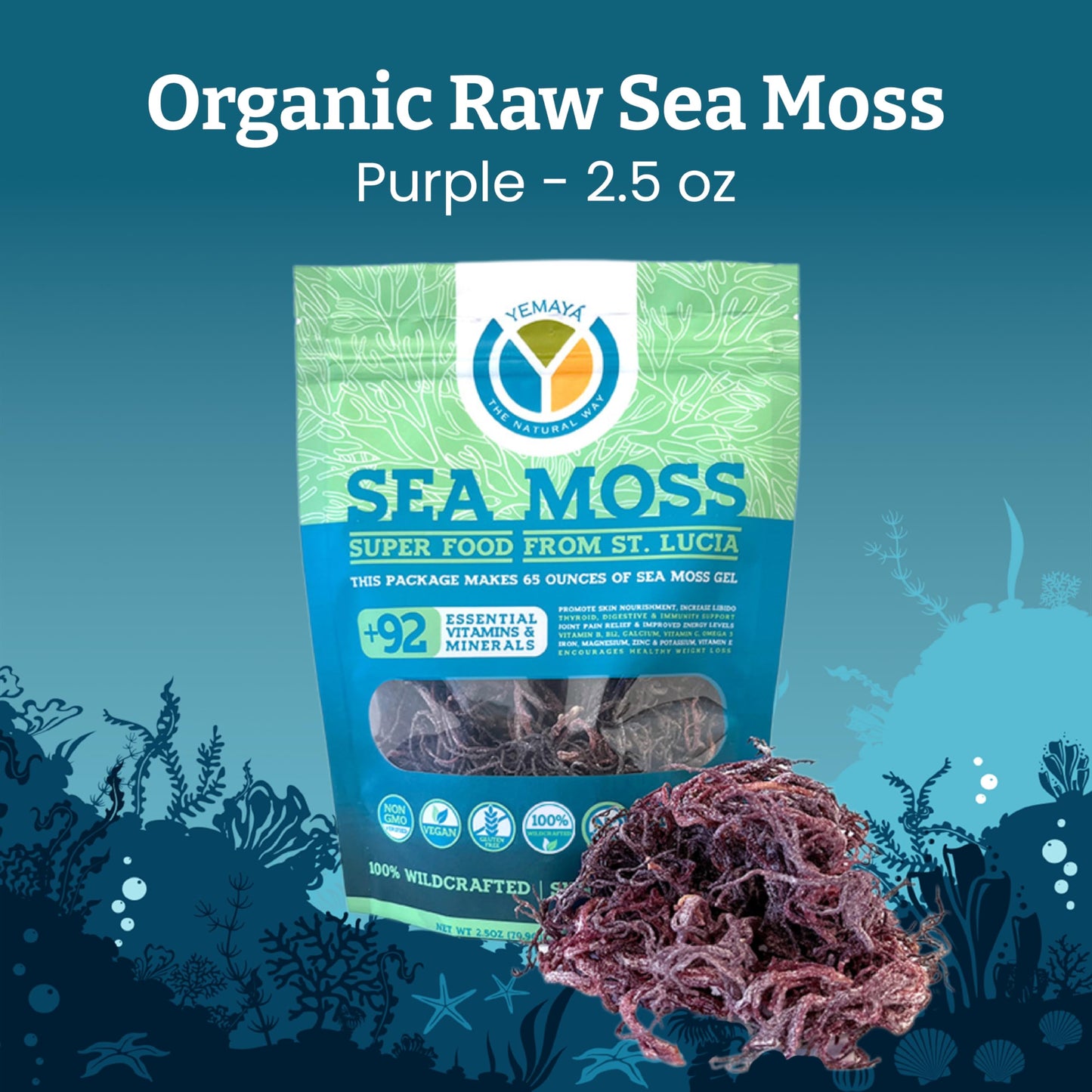 YEMAYA THE NATURAL WAY Organic Dried Sea Moss dietary product, 2.5 oz, Purple, Gluten & Additive Free