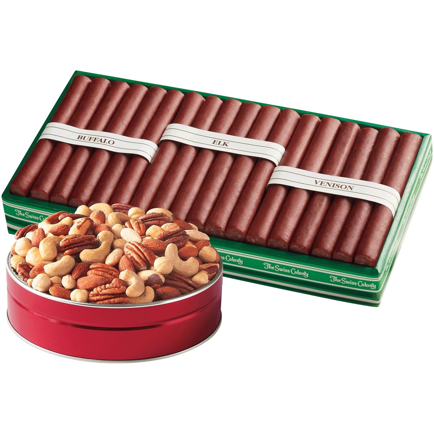 The Swiss Colony Top-Grade Mixed Nuts And Wild Game Meat Sticks Gift Bundle - Deluxe Mixed Nuts  Exotic Variety Meat Sticks  Package For Men  2 Lbs. 1 Oz. Net Wt.