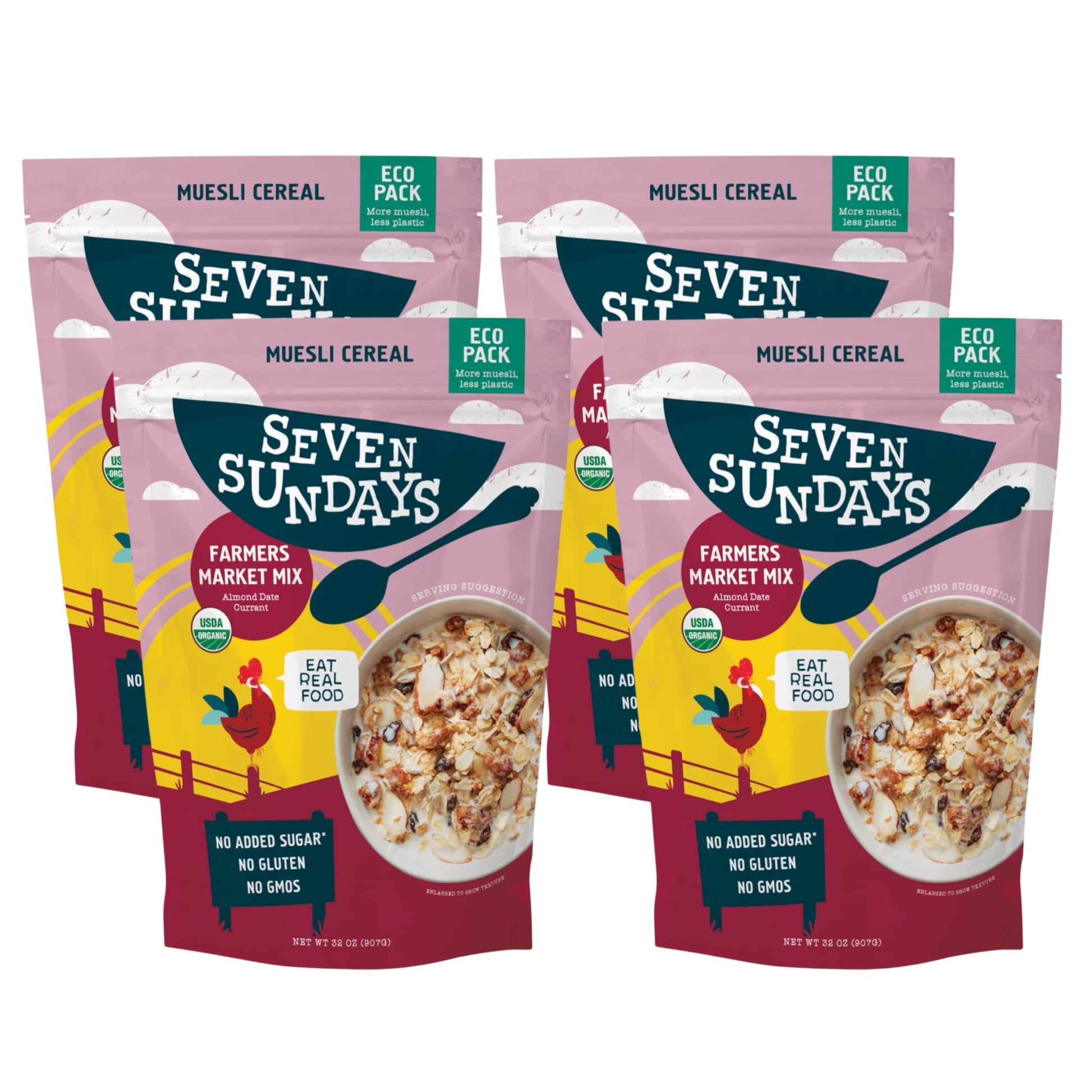 Seven Sundays Organic Muesli Cereal, Farmers Market Almond Date Currant, 32 Oz Bag (Pack of 4), Gluten Free, 0g Added Sugar, Enj