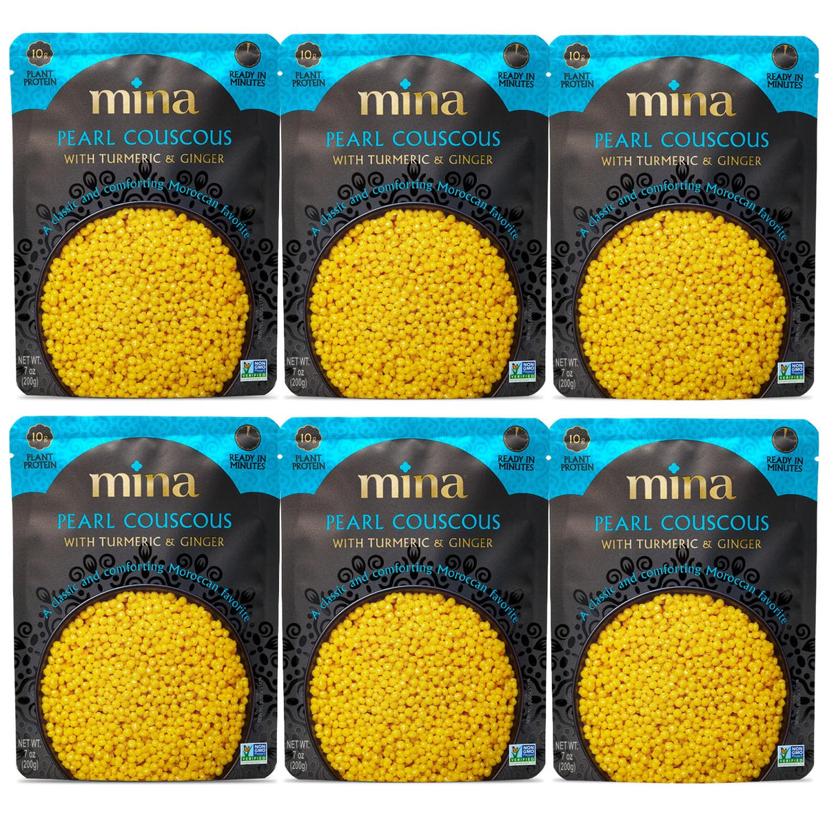 Mina Pearl Couscous  With Turmeric & Flavor Blendger  Ready To Eat  Couscous Pearls  Microwavable Meals & Side Dishes  Vegan Protein  Non-Gmo  Kosher  7 Oz (Pack Of 6)