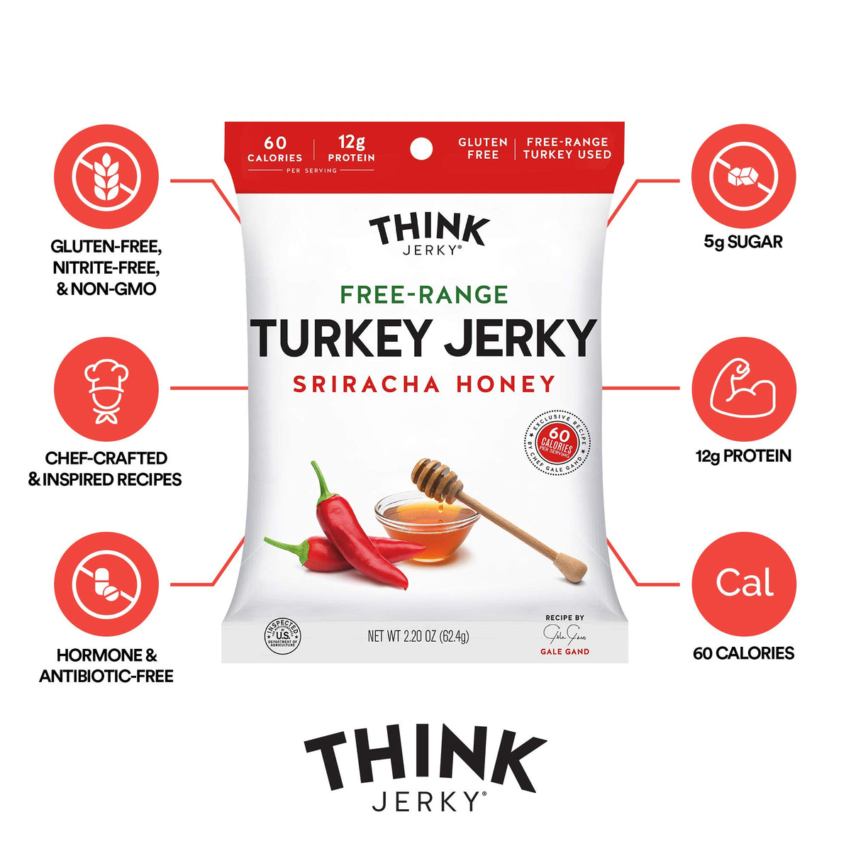 Think Jerky Sriracha Honey Turkey Jerky - Gluten Free, Low Calorie Snack, 2.2 Ounce Bags, Pack of 4