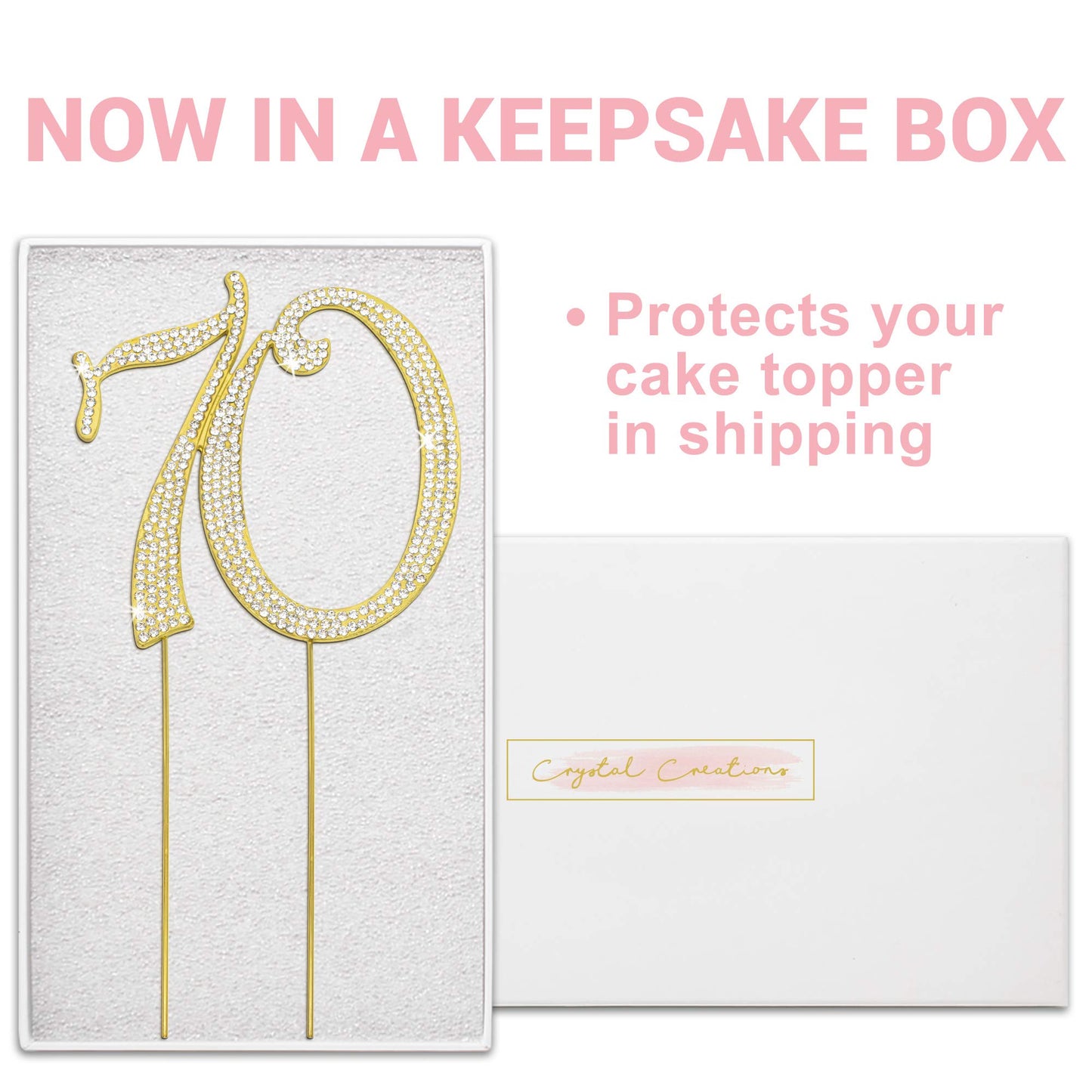 Crystal Creations 70 Cake Topper - Premium Gold Metal, Sparkly Rhinestone Decoration, 4 Ounces