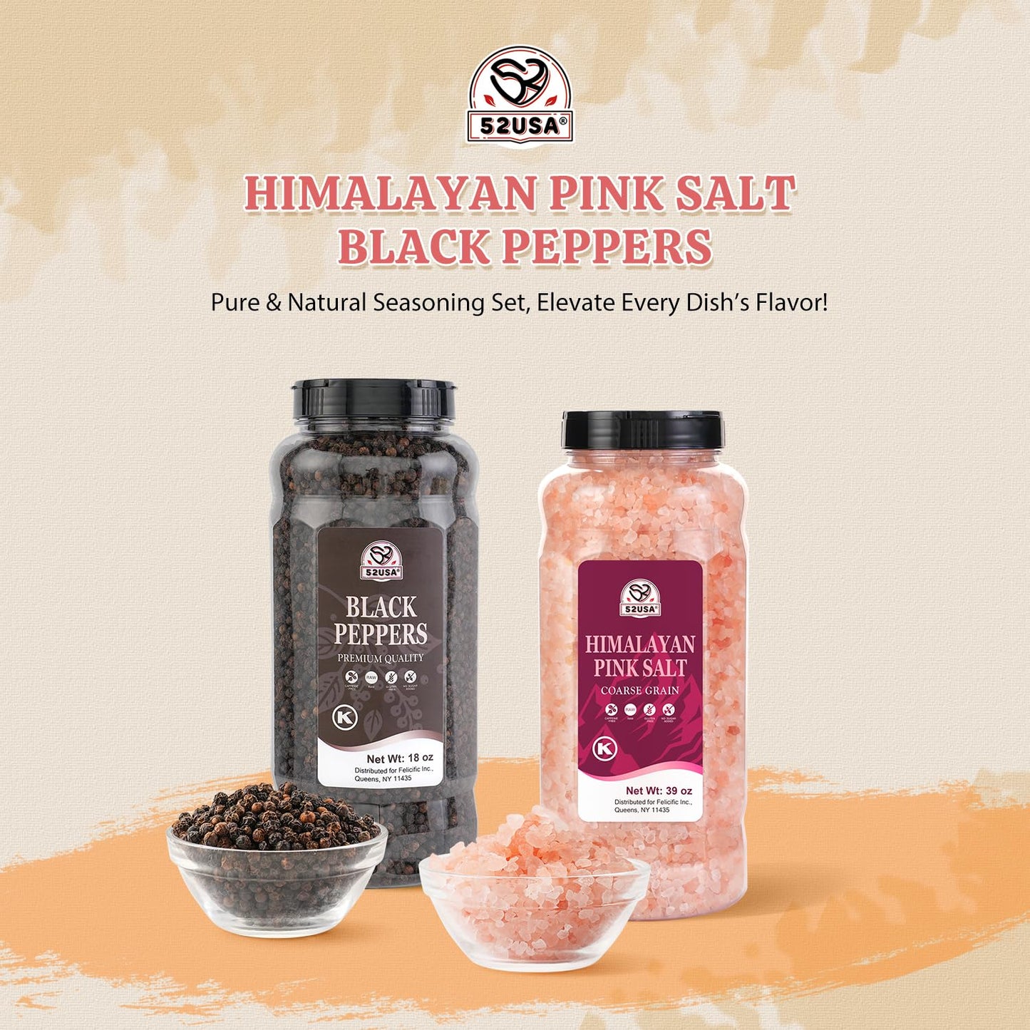 52USA Whole Black Peppercorns & Himalayan Pink Salt Set, 18 oz + 39 oz, Coarse Grain, Perfect for Grinders