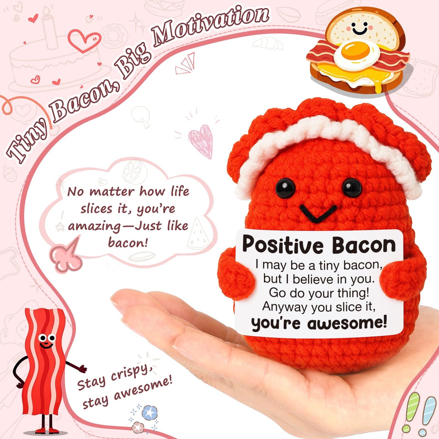 Mini Inspirational Positive Bacon Handmade Crochet Bacon For Women Foodies Breakfast Lovers Fun Encouragement Gift For Friends Coworkers Small White Elephant Christmas Birthday Gifts Motivation Decor