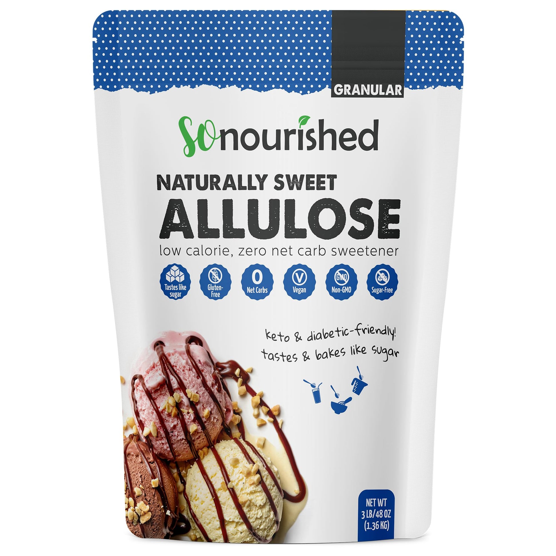 So Nourished Allulose Sweetener - Keto Sugar Substitute, 0 Calorie, 0 Net Carb, 48 oz