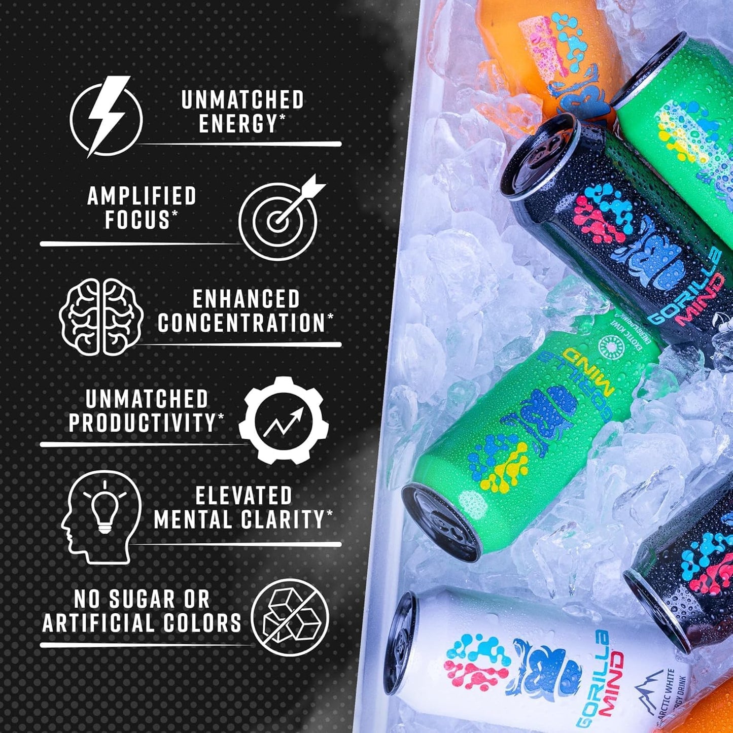 Gorilla Mind Energy Drink | Unmatched Energy  Amplified Focus | N-Acetyl-L-Tyrosine  Alpha-GPC  200mg Caffeine  Uridine  Saffron | 0 Sugar Or Artificial Colors | 16oz  12-Pack (Citrus Rain)