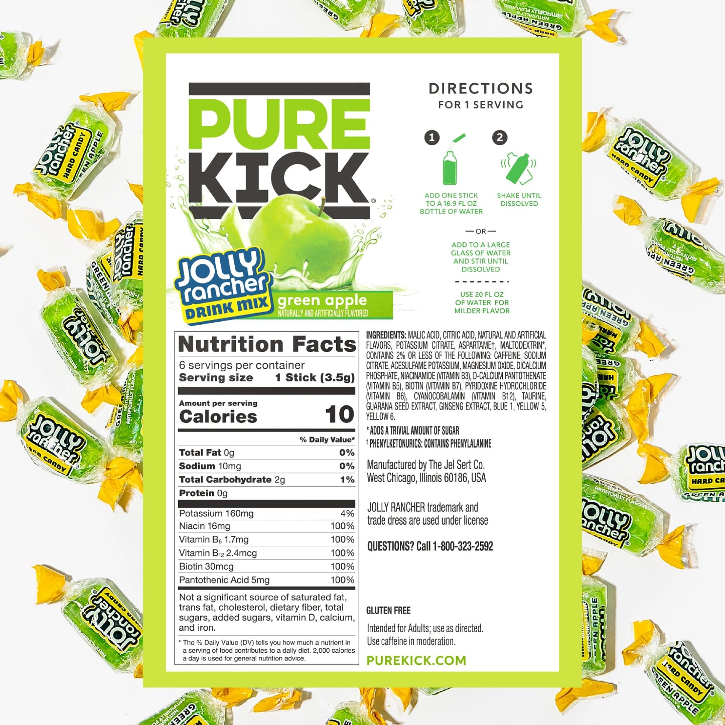 PURE KICK Energy Singles To Go Drink Mix, Jolly Rancher Green Apple, 72 Total Packets (12 Boxes of 6 Packets Each)