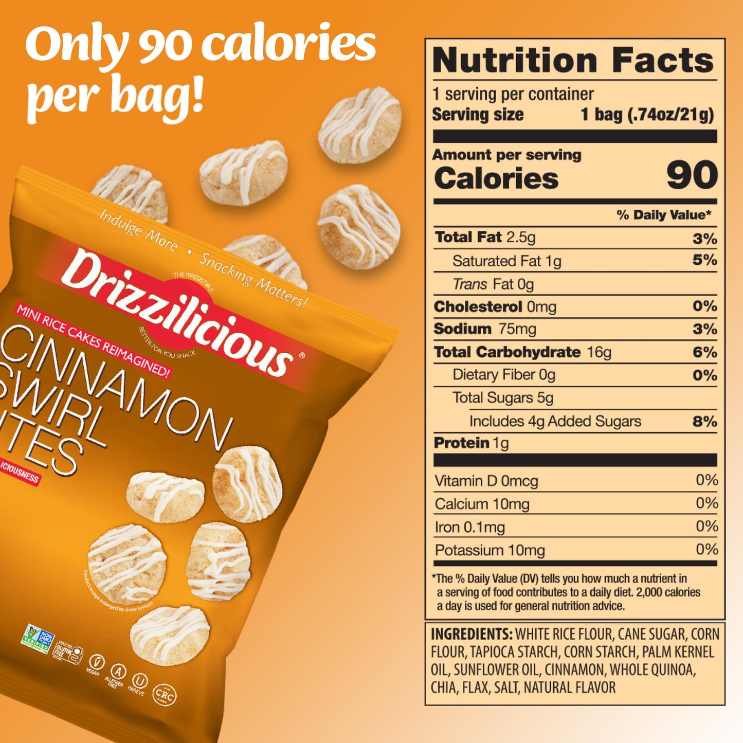 Drizzilicious Mini Rice Cakes Cinnamon Swirl - Rice Crisps, Healthy Snack For Mature-Themeds And Kids, Flavored Rice Cakes, Vegan, Gluten Free, Allergen Free, Only 90 Calories Per Bag - 0.74 Oz (Pack Of 20)