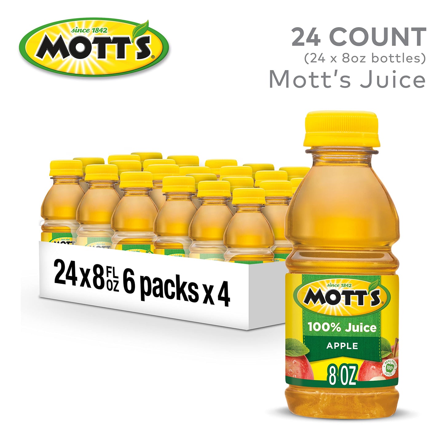 Motts 100% Original Apple Juice, 8 fl oz bottles, 24 Count, 4 Packs of 6, Apple Flavor
