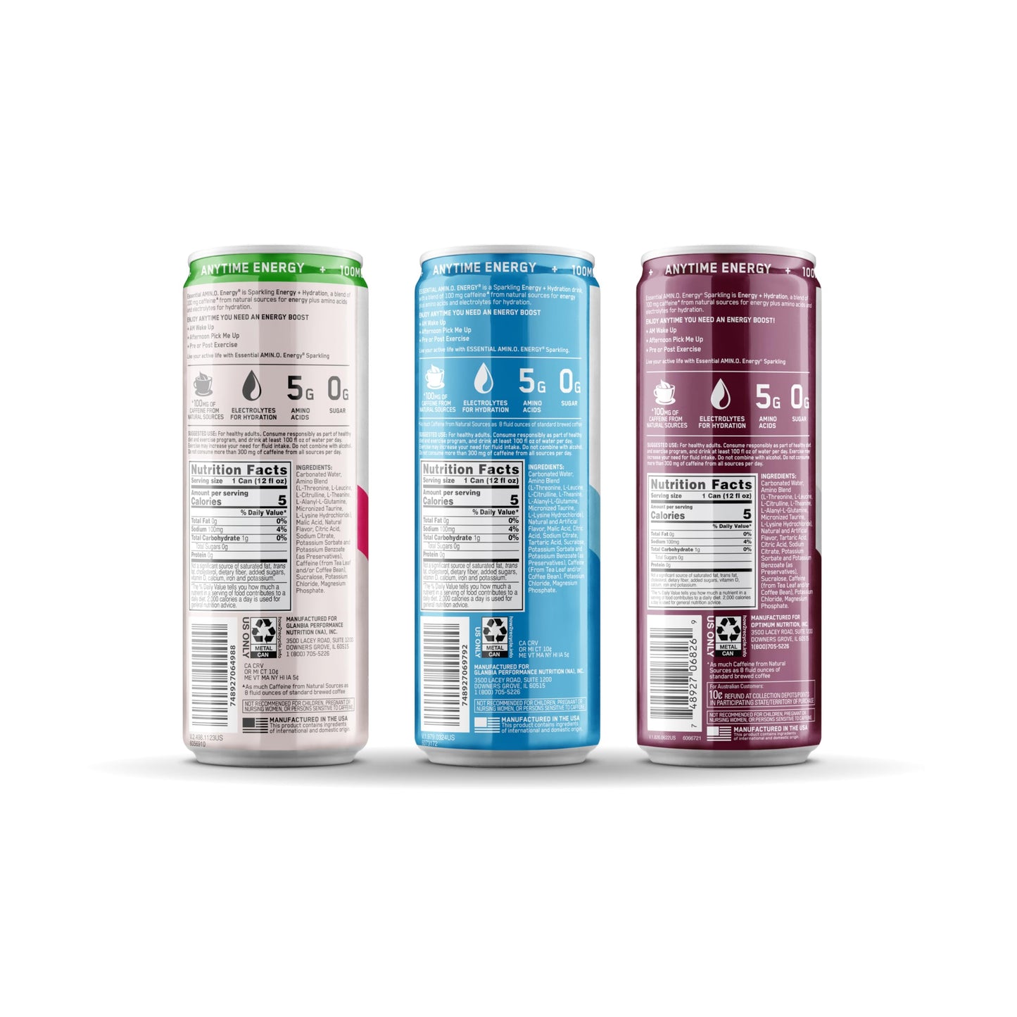 Optimum Nutrition Amino Energy Sparkling Hydration Drink  Electrolytes  Caffeine  Amino Acids  BCAAs  Sugar Free  12 Fl Oz  Berry Variety Pack of 12 (Packaging May Vary)