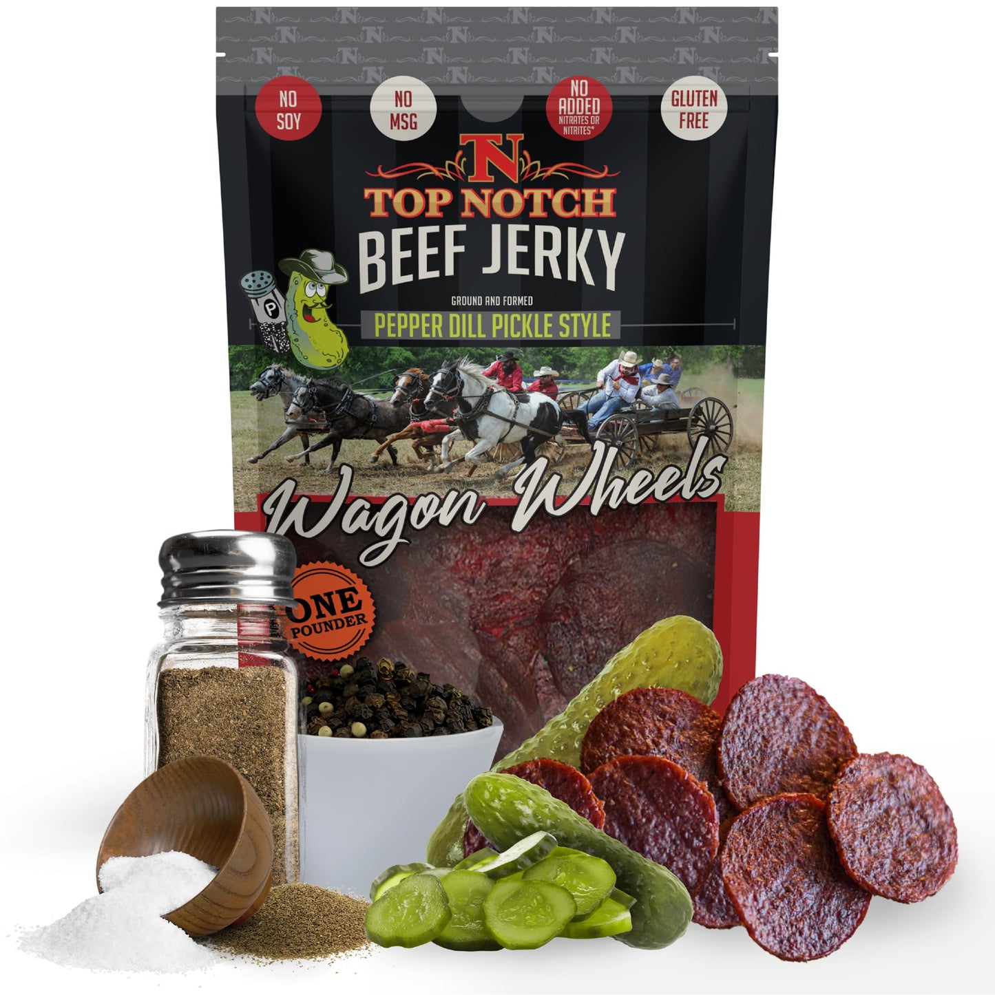 Top Notch Jerky Wagon Wheels Beef Jerky - High Protein Snack for Kids & Adults - 16 Ounce Pack - Pepper Dill Pickle Flavor
