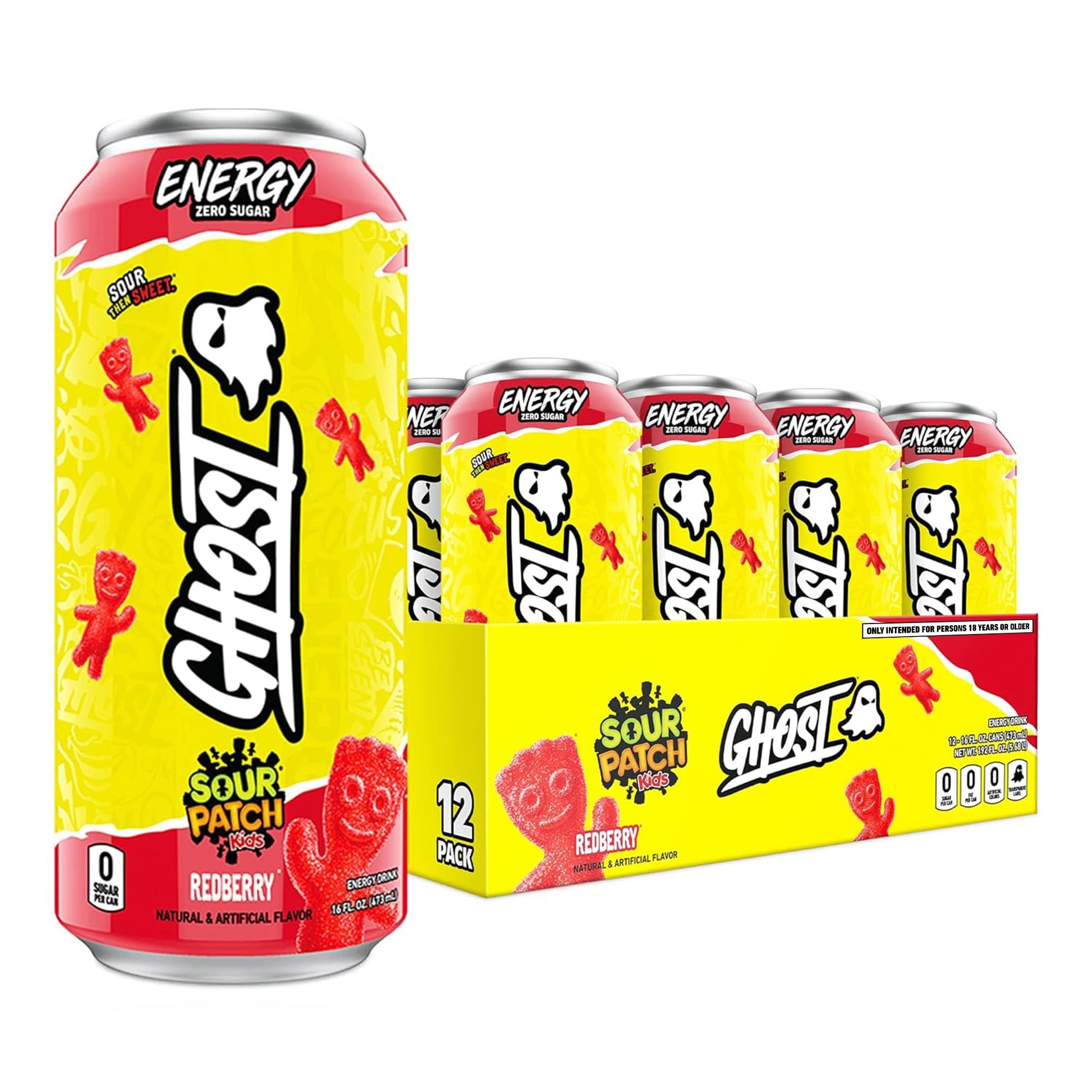 GHOST Energy Drink - 12-Pack  Sour Patch Kids Redberry  16oz - Energy & Focus & No Artificial Colors - 200mg of Natural Caffeine  L-Carnitine & Taurine - Gluten-Free & Vegan