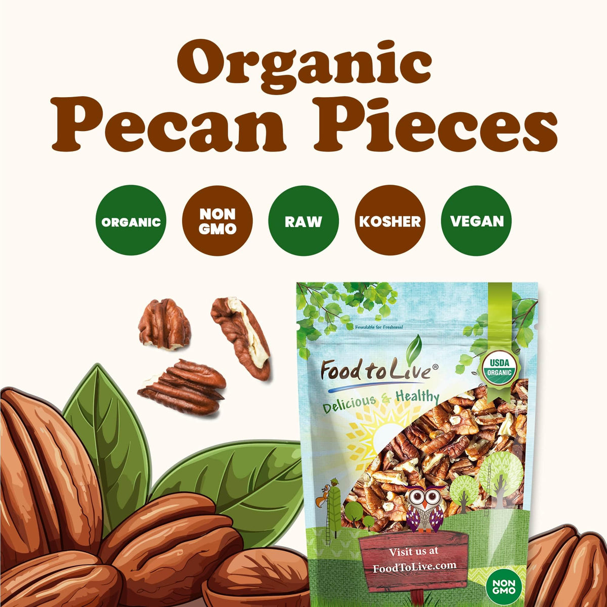 Food To Live Organic Pecan Pieces, 12 Ounces Raw, Chopped Pecans, Non-Gmo, Unsalted, Unroasted, Kosher, Shelled, Kosher, Vegan,