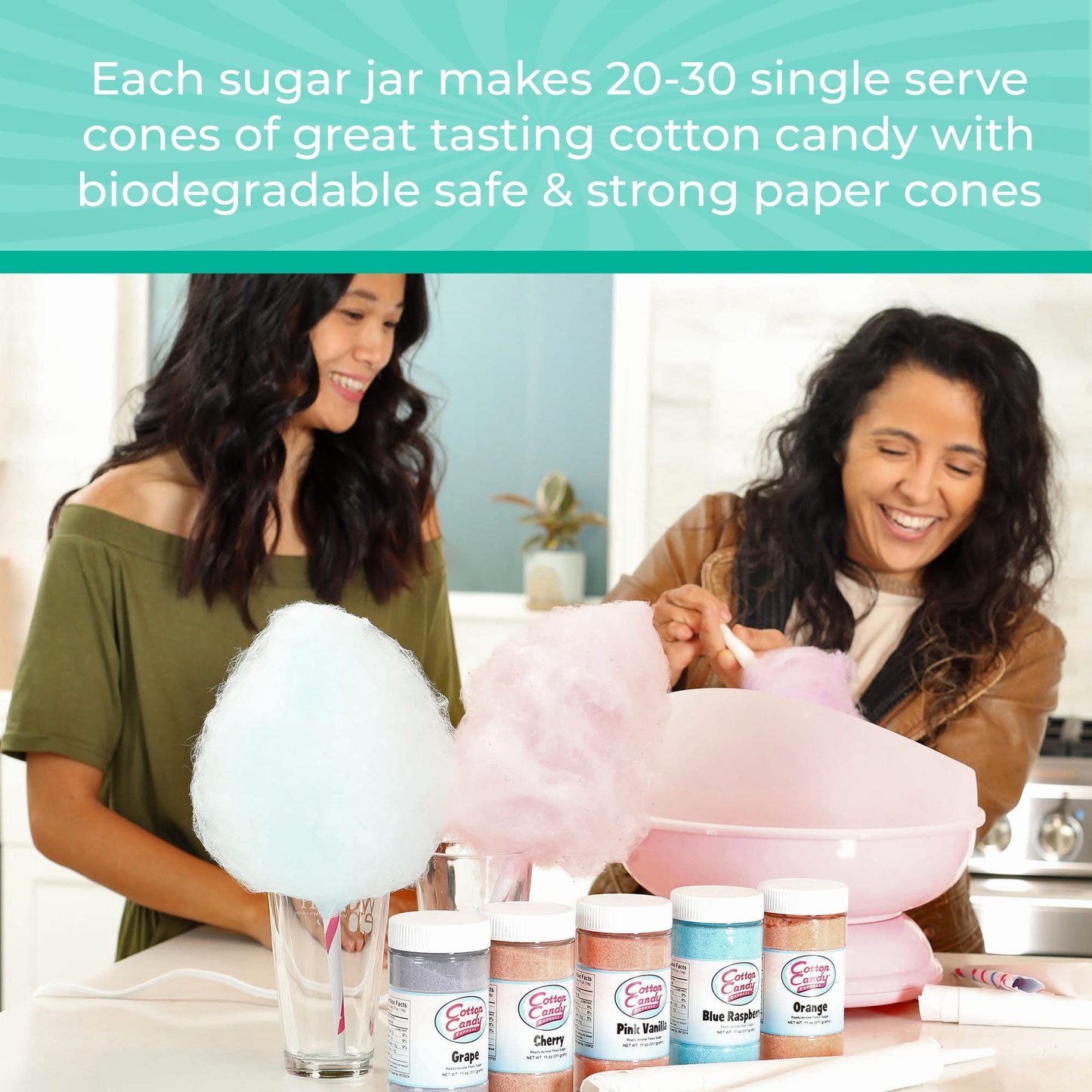 Cotton Candy Express Floss Sugar Variety Pack with 3 - 11oz Plastic Jars of Cherry, Blue Raspberry & Grape Flossing Sugars. Use