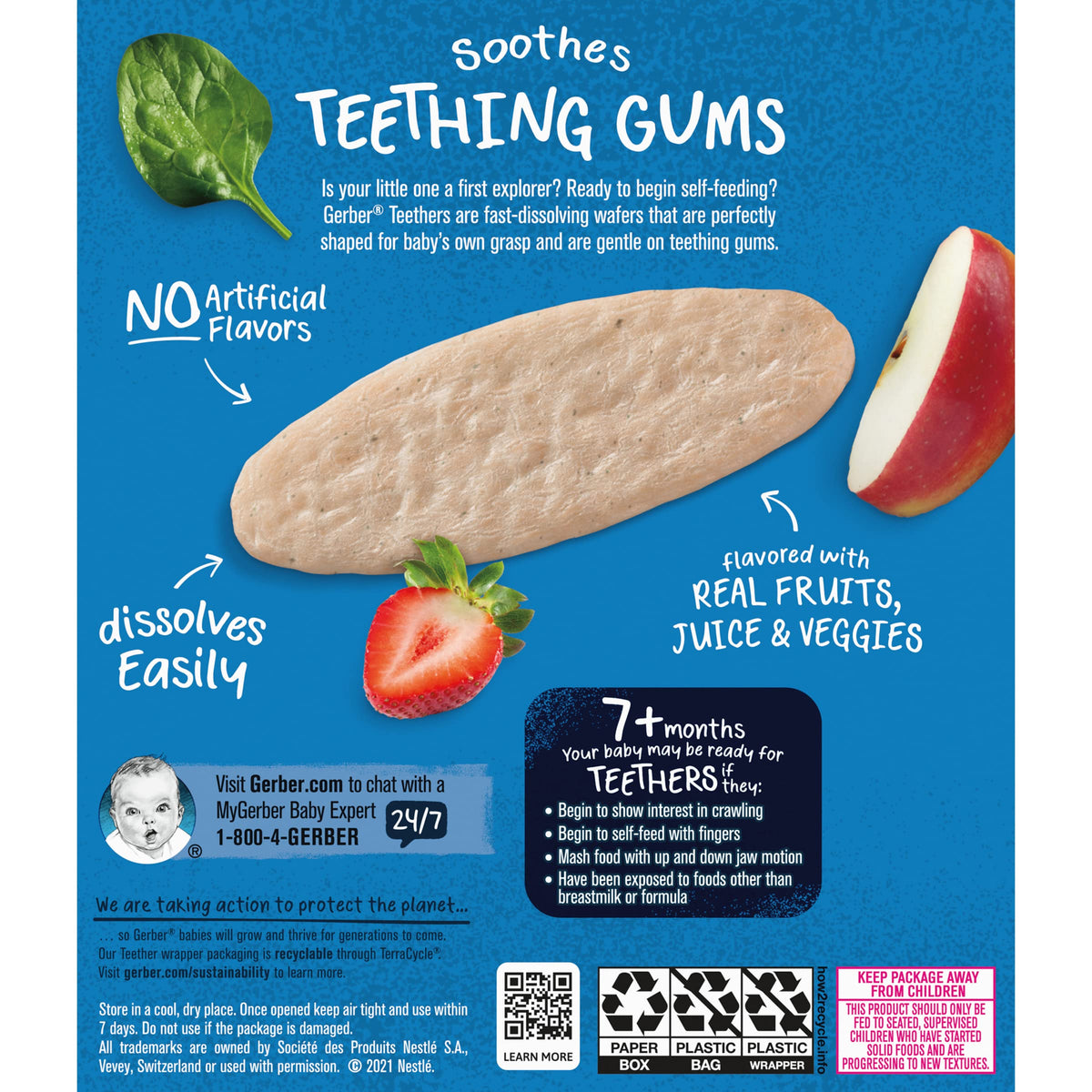 Gerber Snacks For Baby Teethers, Strawberry Apple Spinach, Gentle Teething Wafers, Non-Gmo Ingredients, 12 Individually Wrapped