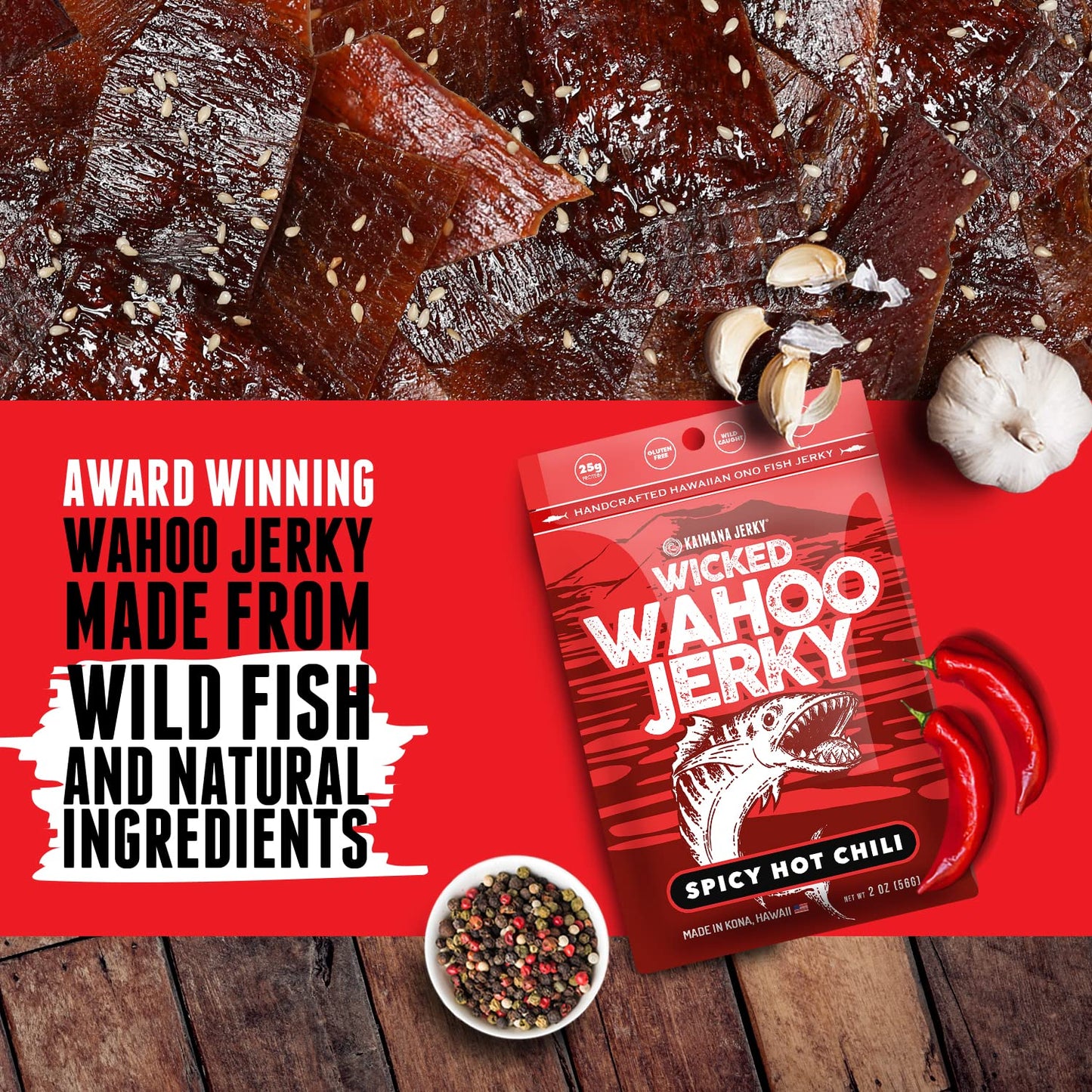 Kaimana Jerky Spicy Chili Wahoo Ono Fish Jerky - Organic Smoked, Low-Calorie, 2oz (Pack of 3)