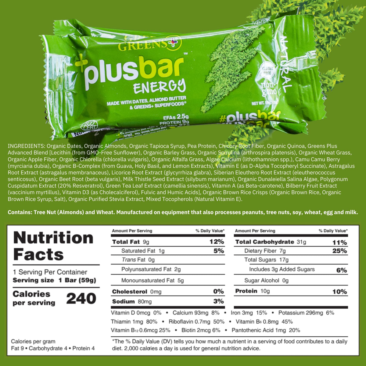 Greens+ Plusbar Energy, Natural, Gluten-Free Snack With Super Greens, Superfoods & Almond Butter, Vegan, Dairy-Free, Non-Gmo, 10G Protein Meal Replacement, 12 Pack