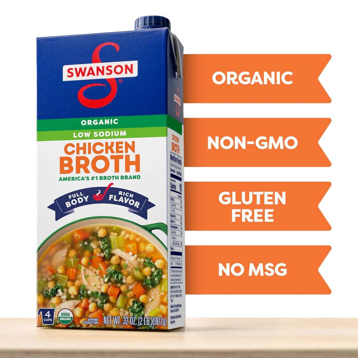 Swanson Low Sodium Organic Chicken Broth  32 oz Carton