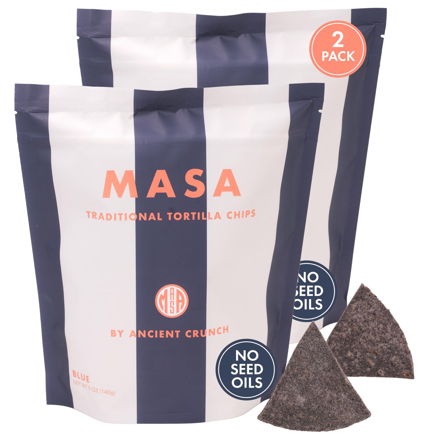 MASA Chips Blue Corn Tortilla Chips - Naturally Grown Blue Corn with Grass Fed Tallow and Sea Salt Tortilla - No Seed-Oil Snacks - 2 Pack  5 Ounce Each
