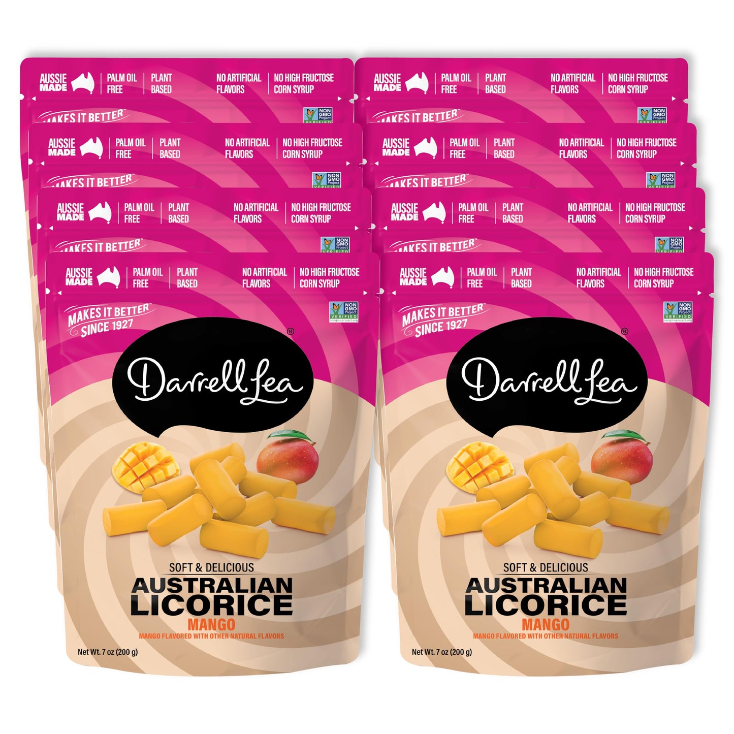 Darrell Lea Soft Australian Licorice, Non-GMO, No Palm Oil, Plant Based, No High Fructose Corn Syrup, Soft & Chewy Licorice Candy, Made in Australia (Mango, 7 Ounce (Pack of 8))