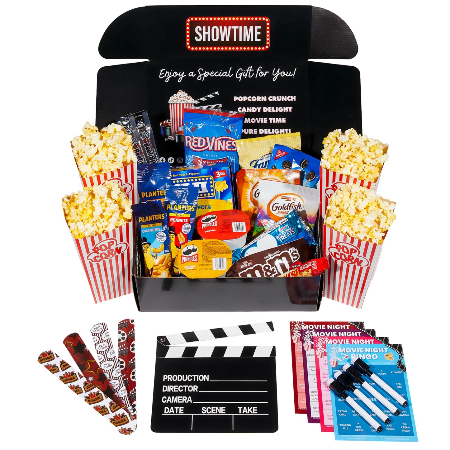 Movie Night Basket Gift Set - Popcorn  Candy  Snacks  game-style and more - 33 Items - Movie Night Gift Box  Gift Basket for Date Night  Family Night  Birthday  College Students  Teens  Men  Women  Kids  Grandpa  Grandma  Friend or Teacher